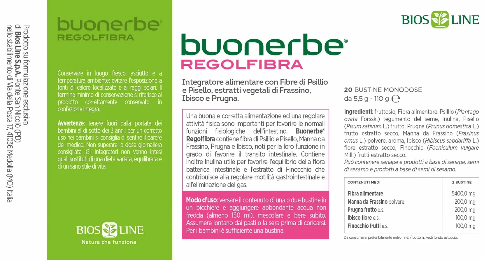 BIOS LINE Buonerbe Regolfibra Integratore Alimentare Transito Intestinale 20 Bustine