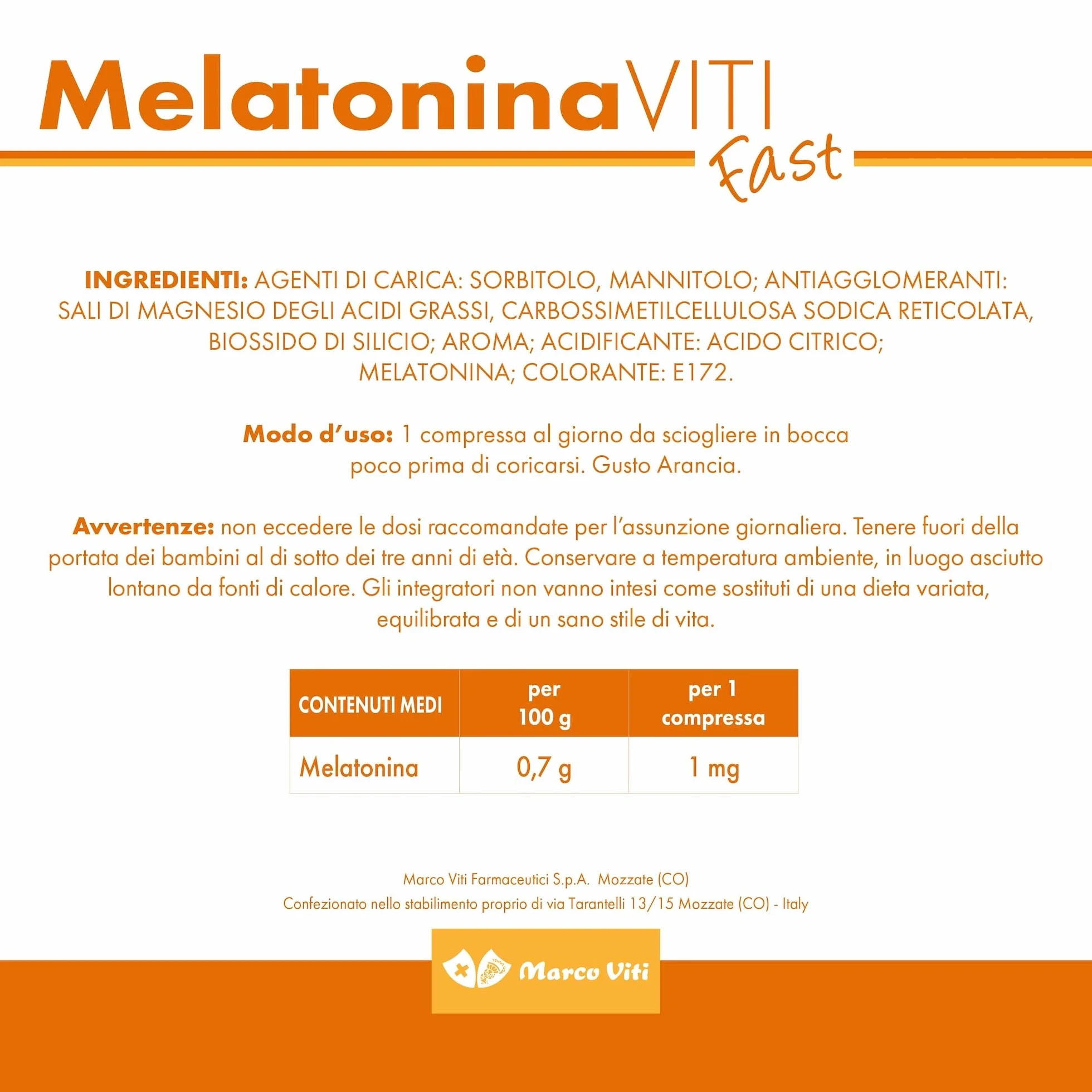 Melatonina Viti 1 mg 3x60 Compresse Gusto Arancia Integratore Sonno Senza Glutine