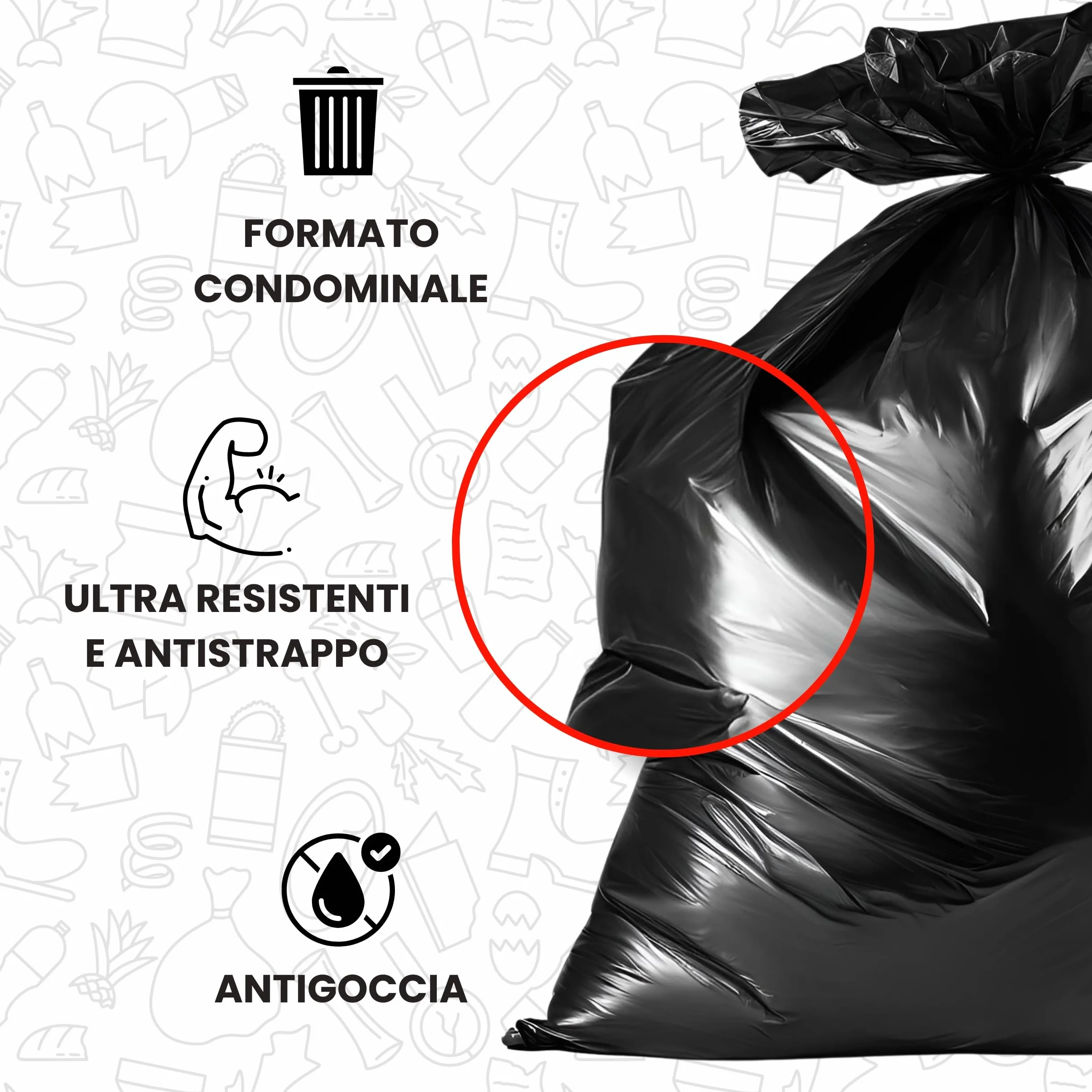 FRIO Sacchi Spazzatura 150L 80x120 cm MAXI PESO 50 Pezzi Legacci