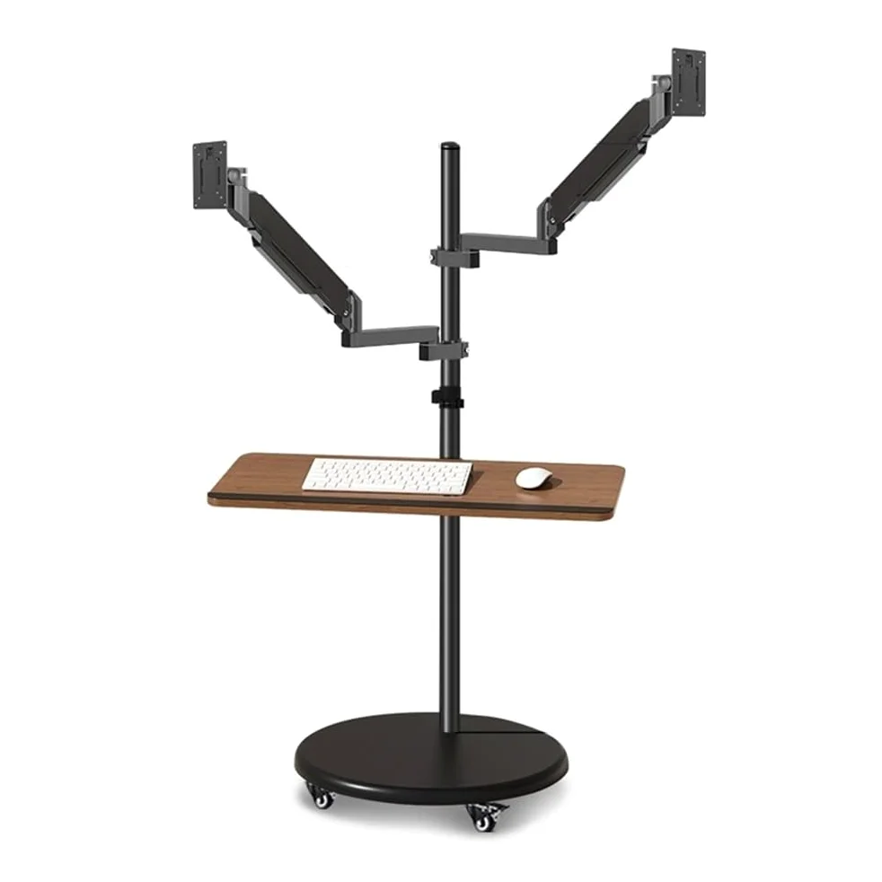 Supporto per monitor regolabile in altezza con molla a gas, supporto per doppio monitor con ripiano per tastiera, supporto multifunzione per monitor da 14 – 43 pollici, con funzione di rotolo, mobile