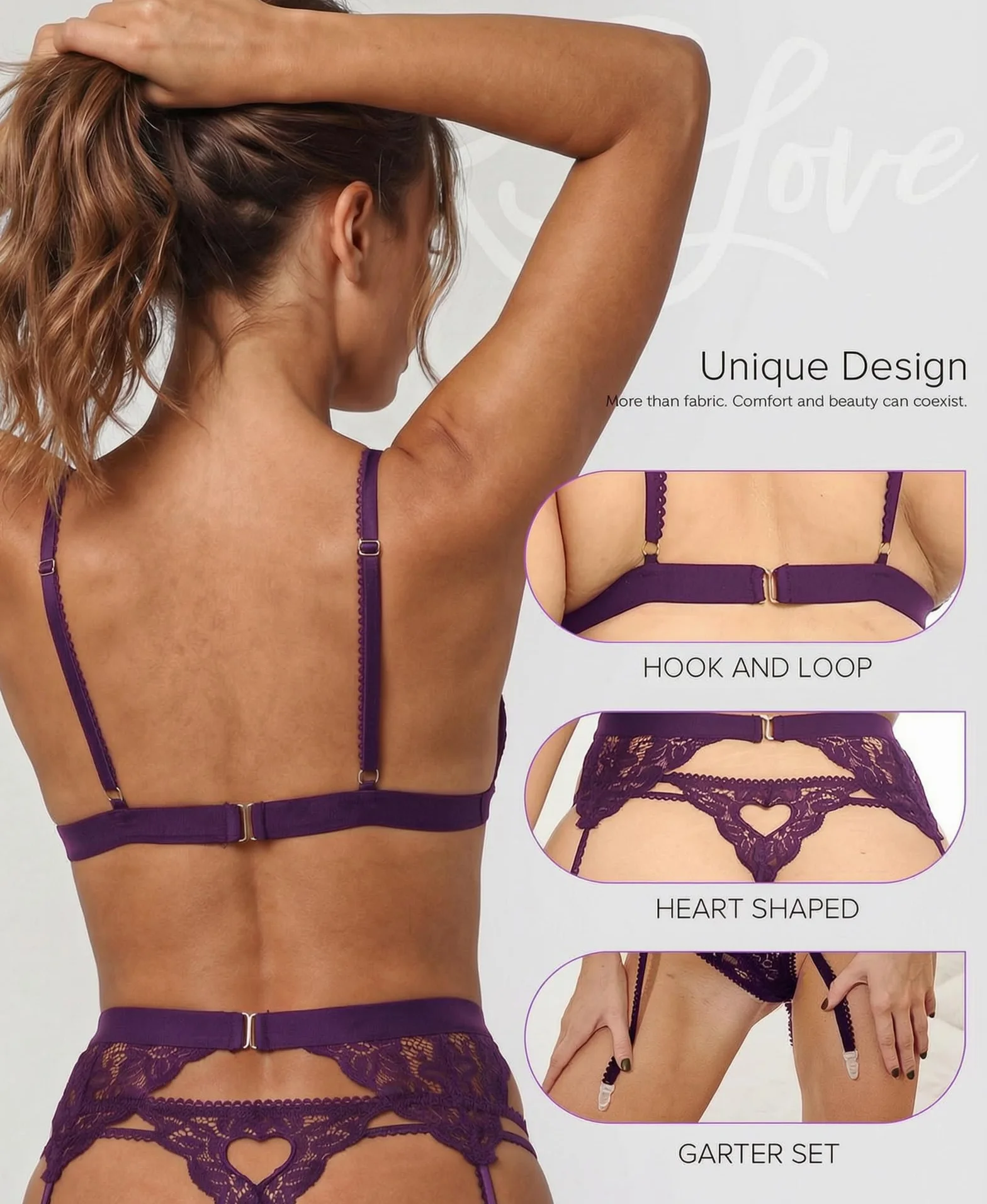 RSLOVE Completi Intimi da Donna con Reggicalze Body in Pizzo Teddy Babydoll 3 Pezzi