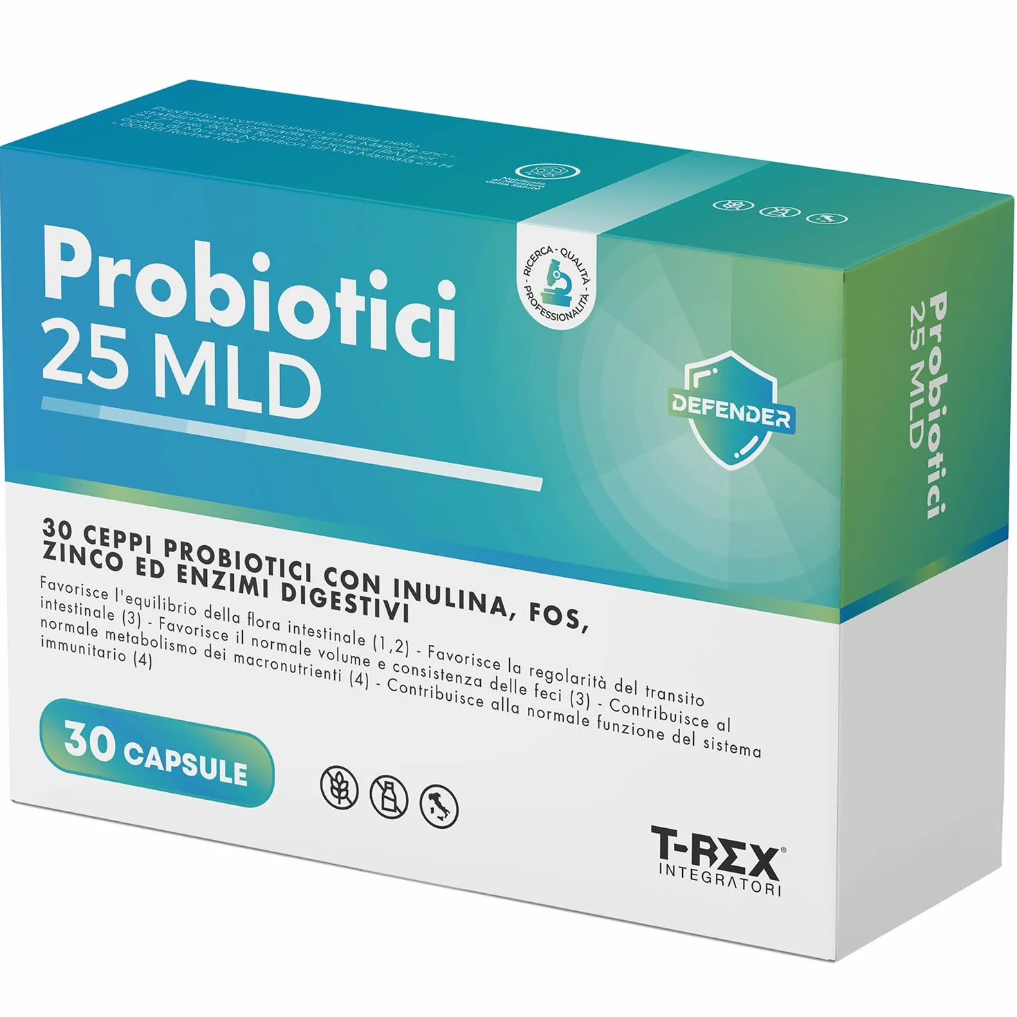 T-Rex Integ Probiotici 30 Capsule 25 MLD 30 Ceppi Inulina FOS Zinco Enzimi Digestivi Fermenti Lattici
