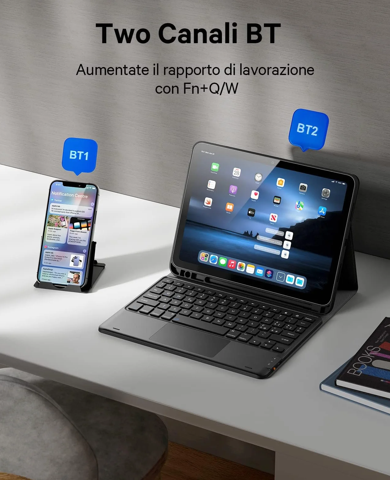 CHESONA Tastiera iPad 10 Generazione 10.9'' 2022, Cover con Tastiera per iPad 11 Generazione (A16, 2025), 2 Canali BT, Italiano ‎QWERTY Staccabile Magnetico con Touchpad, Nero