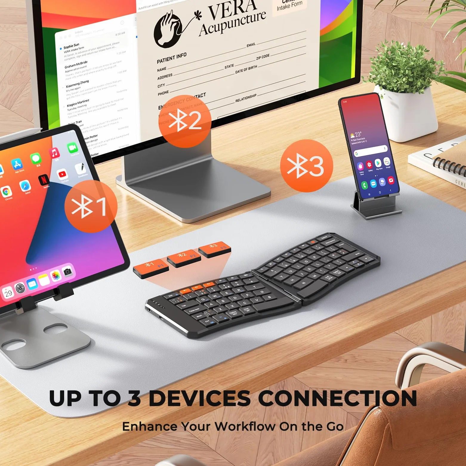 MEETION Tastiera Bluetooth pieghevole ergonomica, compatta, portatile, senza fili, per viaggi d'affari, ricaricabile, per PC, smartphone, iOS, Android, Windows, Mac, colore nero