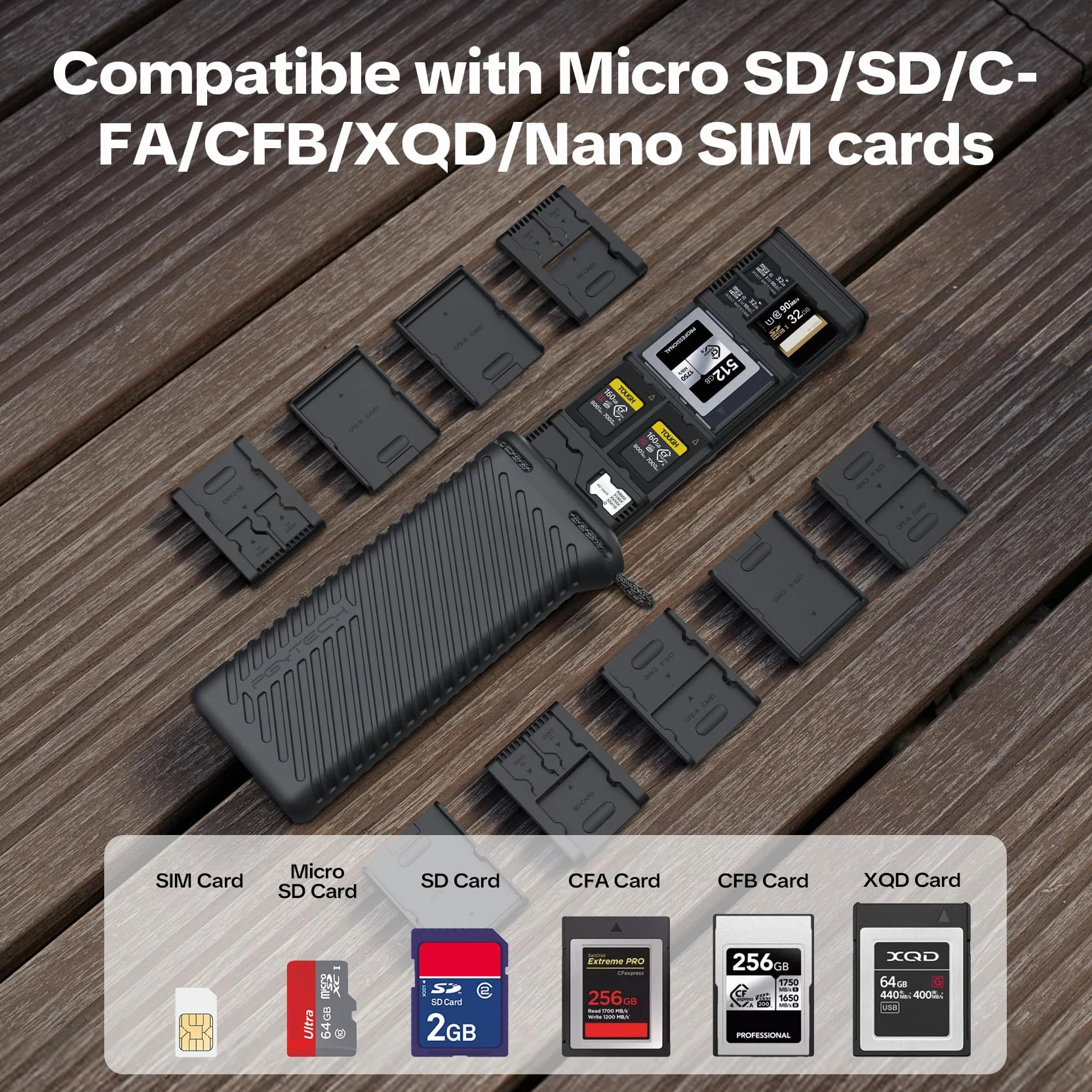 PGYTECH CreateMate Custodia per Schede di Memoria, 18 Slot Personalizzabili per SD/CF/XQD/SIM, IP54 Resistente ad Acqua/Polvere, Alluminio+Silicone con Moschettone per Fotografi