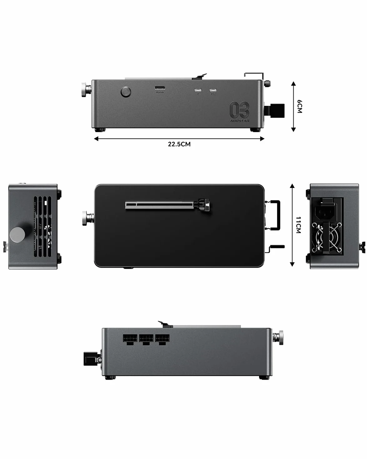 AOOSTAR AG03 eGPU Dock esterno con OCuLink & 2 × Thunderbolt 5 (80Gbps), PCIe 4.0 x4, 140W PD, uscita video DP 2.1, alimentatore 800W integrato, GPU fino a 500W, Gaming, Video, Home Office