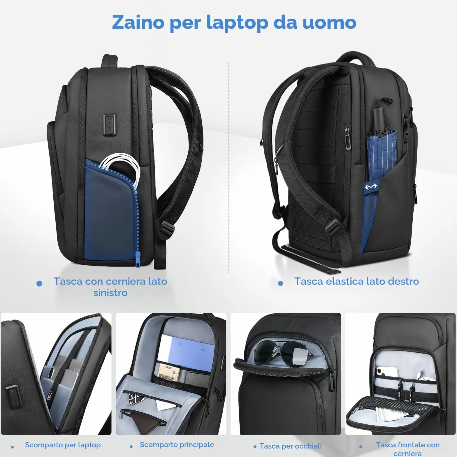 Zaino Uomo per PC 17,3 Pollici con Porta USB-C e USB-A, Zaino Antifurto Impermeabile 24-28L Leggero per Ufficio, Università, Lavoro, Viaggio e Uso Quotidiano – Nero