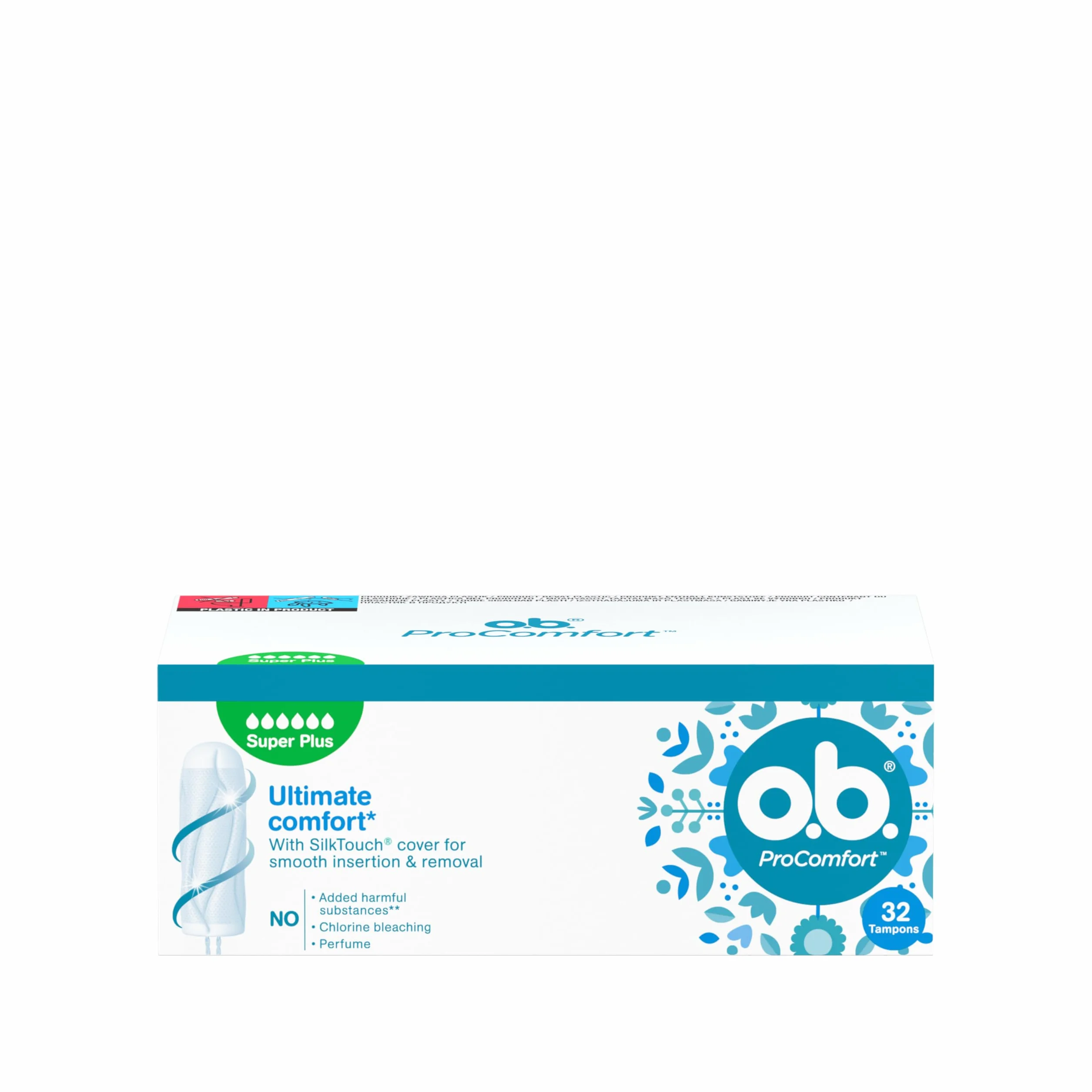 o.b. ProComfort Super Plus 32 tamponi, per sanguinamento molto intenso, materiali vegetali 100%