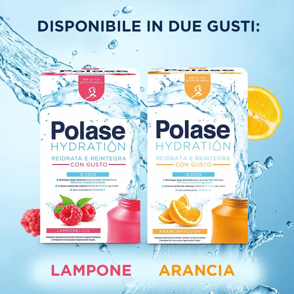 Polase Hydration, Integratore Alimentare Sali Minerali con Magnesio e Potassio e Vitamina C, Gusto Lampone, 12 sticks