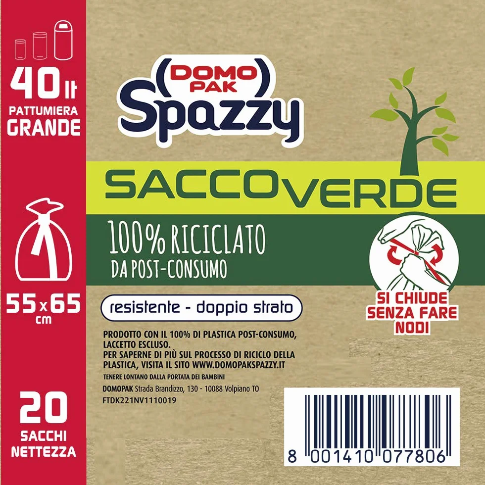 Domopak Spazzy Sacchi Nettezza Saccoverde Avvolgi & Chiudi 40 Lt Verde Riciclato 5 Confezioni 100 Pezzi 1350 g