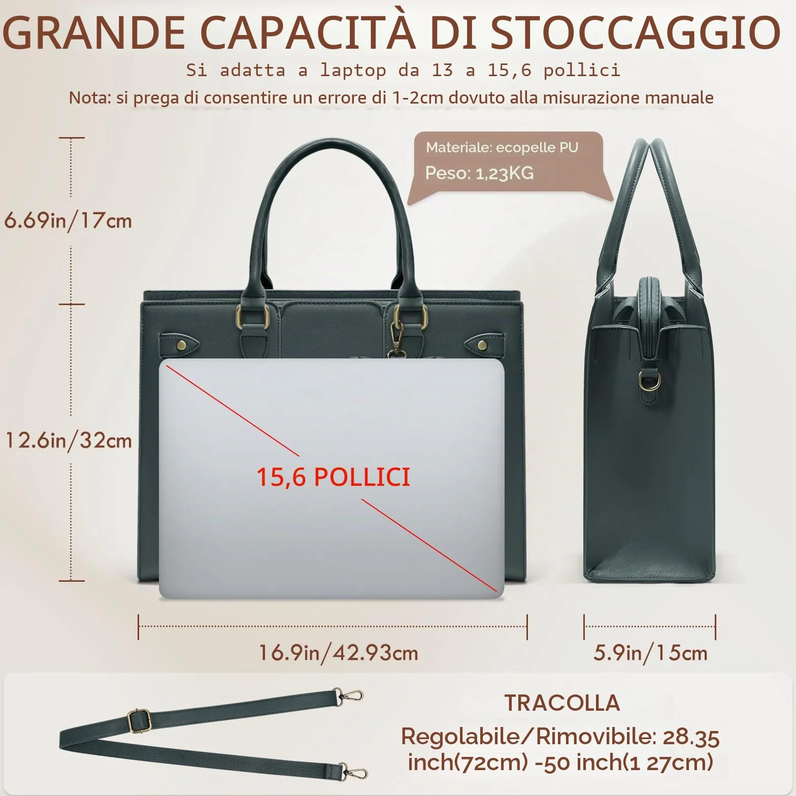 RAINSMORE Borsa Lavoro Donna PU Pelle Porta PC Ufficio Università Tote Bag Tracolla Grande 15.6 Pollici Verde Scuro