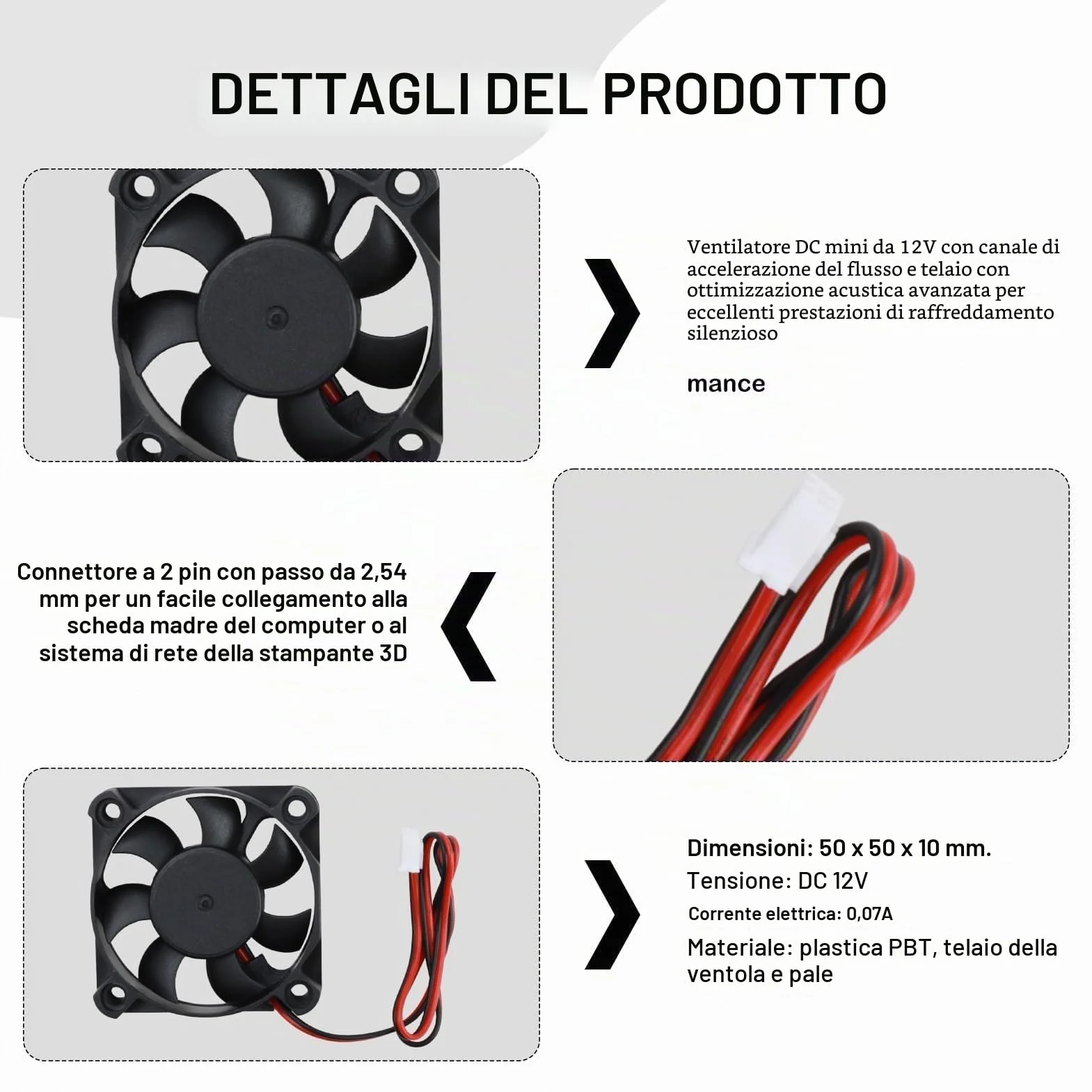 Ventola di Raffreddamento 12V DC 50x50x10mm Brushless 2 Pin 5010 Silenziosa per Stampante 3D