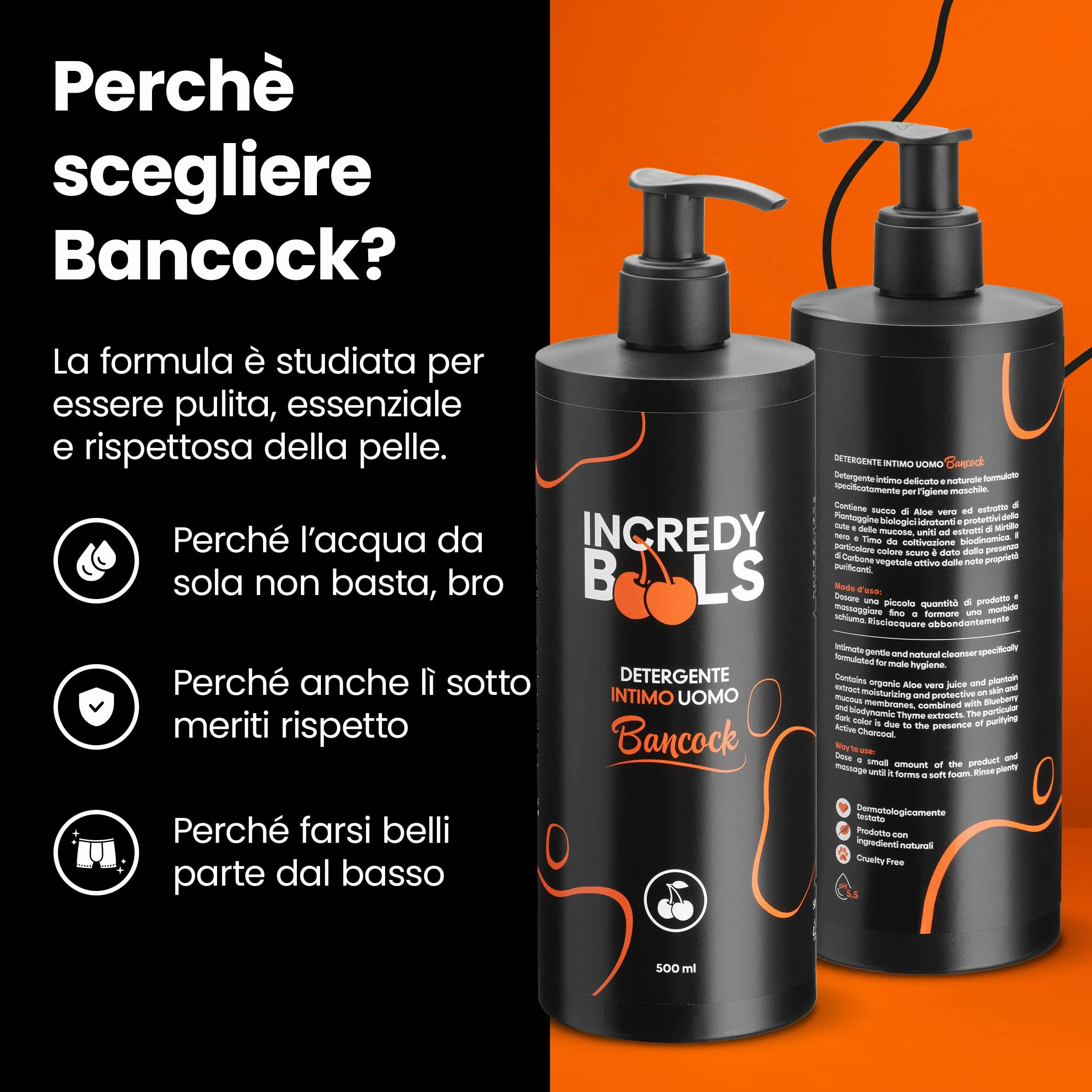 Incredy BooLS Detergente Intimo Uomo pH 5.5 Fisiologico Ipoallergenico Carbone Vegetale 500 ml Made in Italy