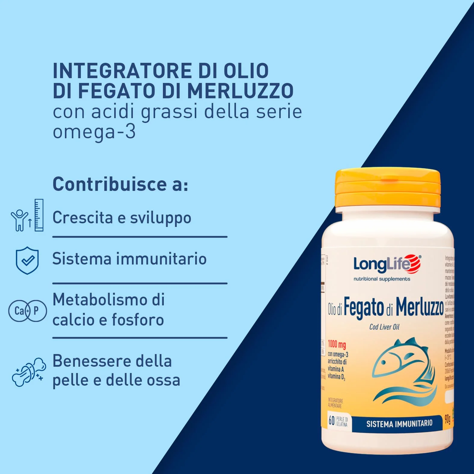 LongLife® Olio di fegato di merluzzo 1000mg Omega 3 EPA DHA Vitamina A D3