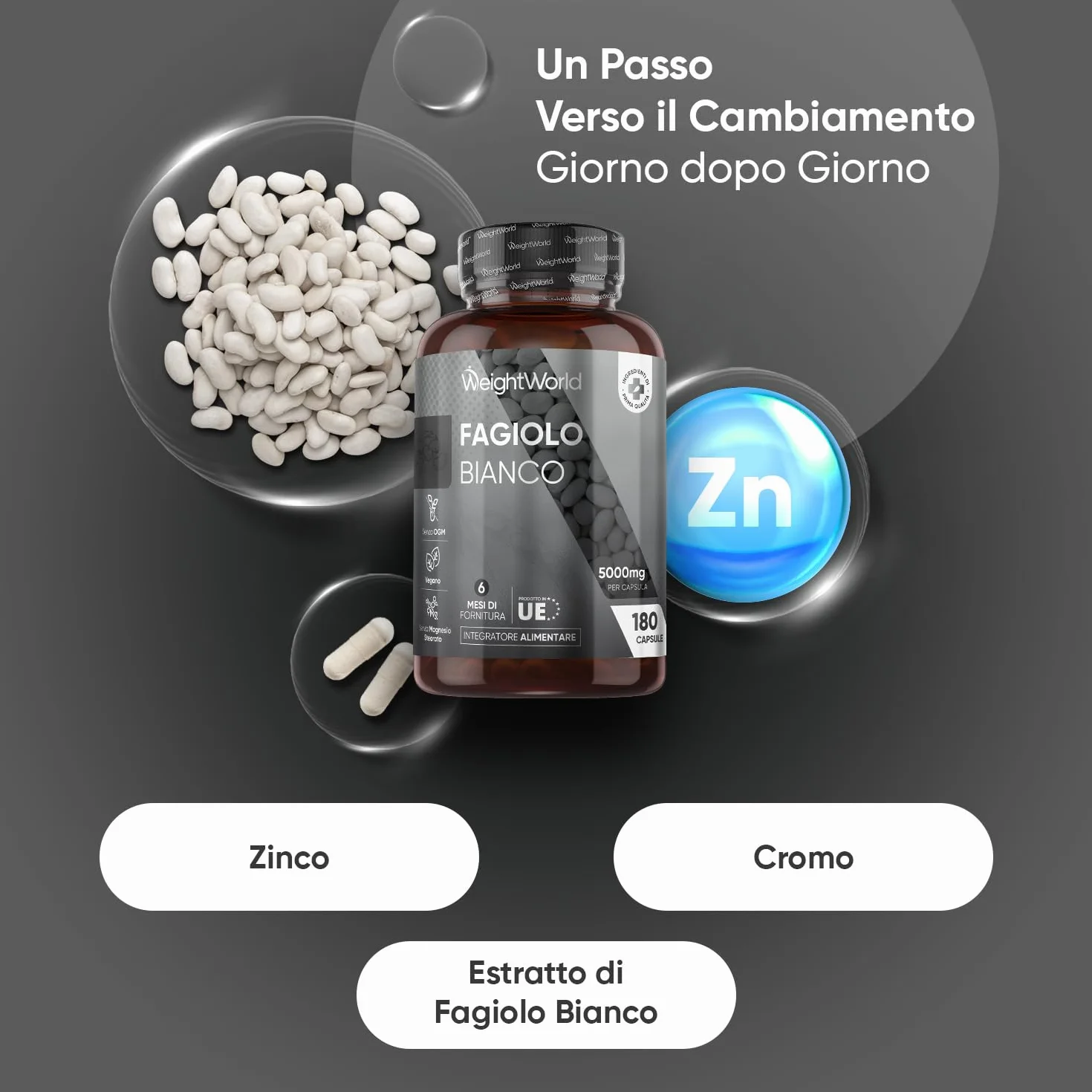 Estratto Fagiolo Bianco Vegano 5000mg 180 Capsule (6 Mesi) Zinco Cromo Senza Magnesio Stearato