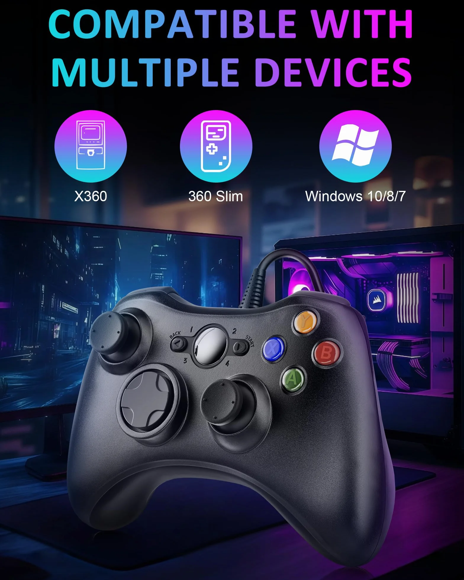 Controller per Xbox 360, Gamepad Joystick con cavo USB, feedback delle vibrazioni e chiavette analogiche precise, compatibile con PC/Windows 11/10/8/7/XP, funzione plug and play istantanea