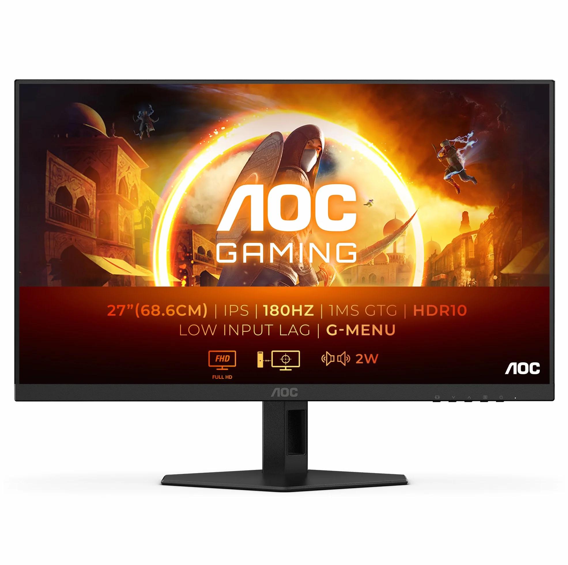 AOC Gaming Monitor 27G4XED 27 pollici, 1920x1080, FHD, 180Hz, Fast IPS Panel, 0.5ms MPRT, Speakers, (HDMI2x 2.0 DP 1x 1.4) Adaptive Sync, HDR10, G-Sync Compatible, Nero