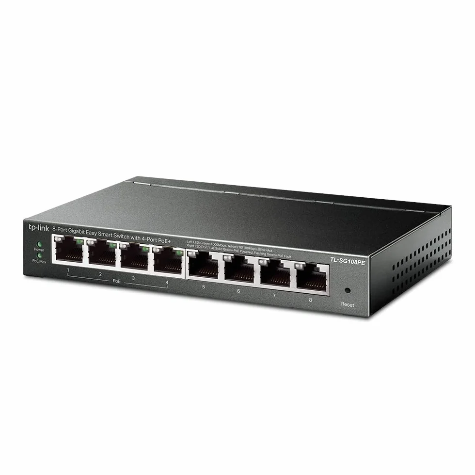 TP-Link Switch Gigabit TL-SG108PE Easy Smart con 4 porte PoE+ (64 watt, porte RJ-45 schermate, IEEE-802.3af/at, configurazione semplice, senza ventola), nero/antracite, 8 porte PoE Smart