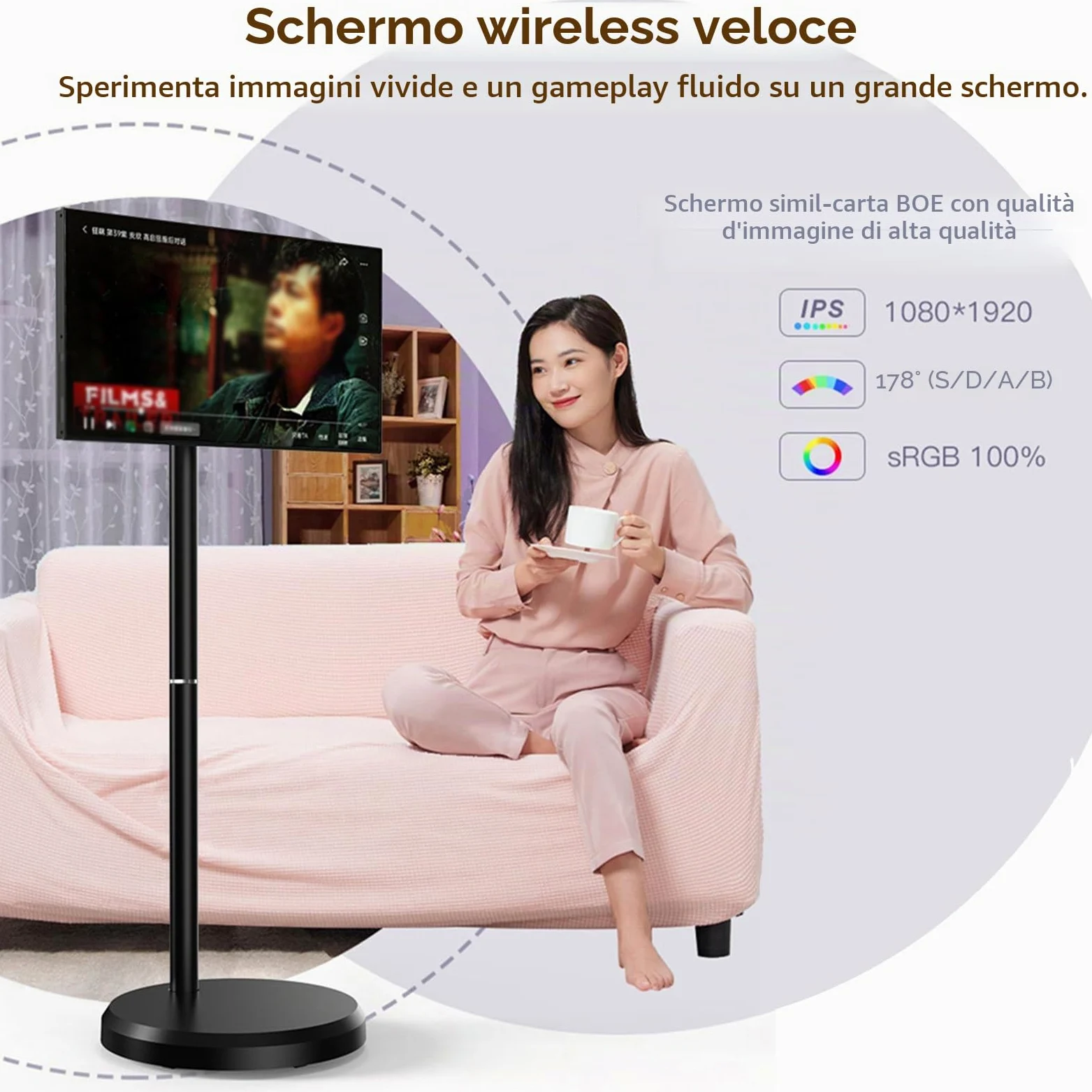 Smart TV Portatile Touch Screen da 21,5 Pollici, TV Mobile su Ruote con Sist-ema Operativo Android, 4 GB + 64 GB di Memoria, Batteria Integrata da 6000 mAh White-4+64G