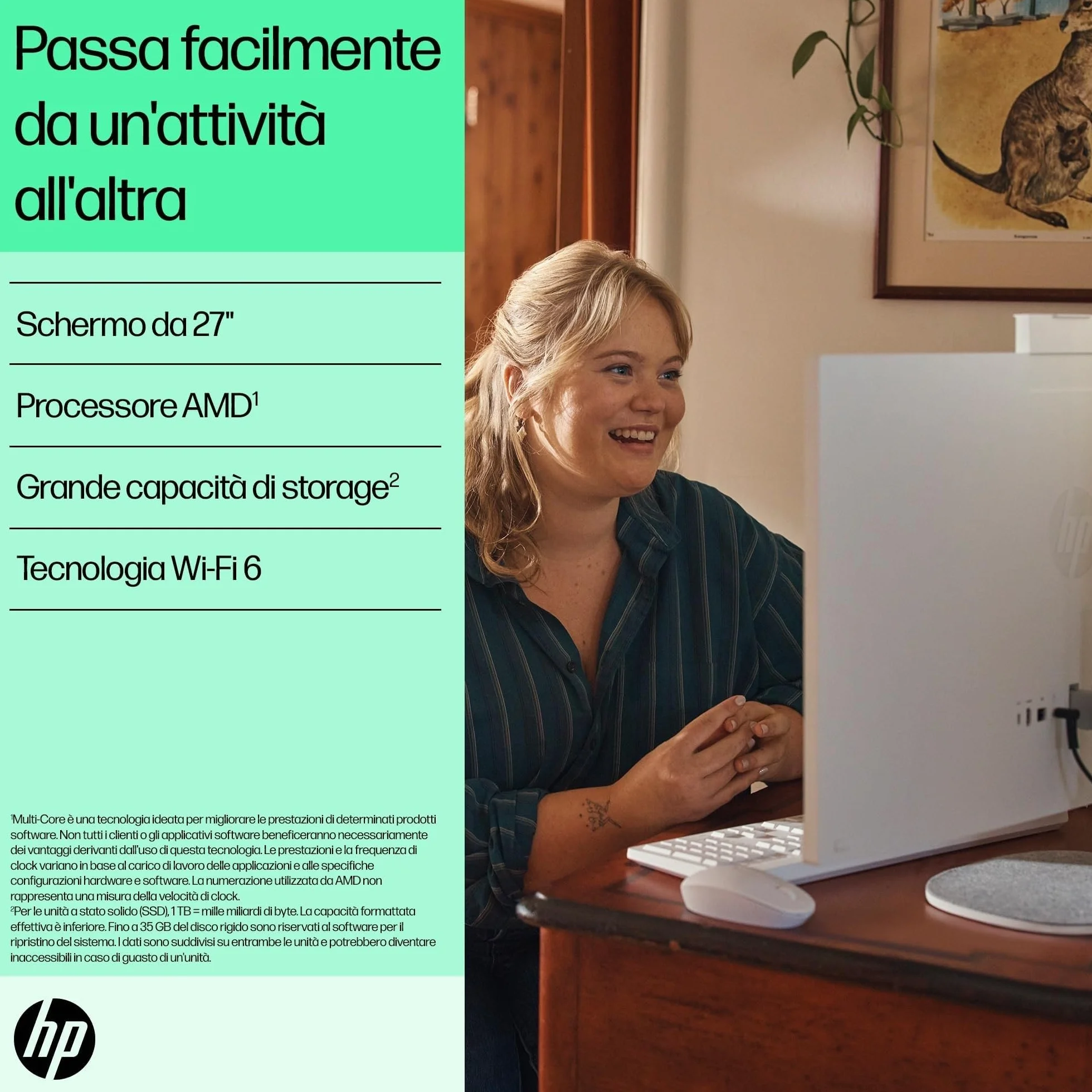 HP All-in-One Desktop 27-cr0007sl AMD RYZEN 7 7730U 16GB RAM 512GB SSD 27" FHD IPS Windows 11 Bianco