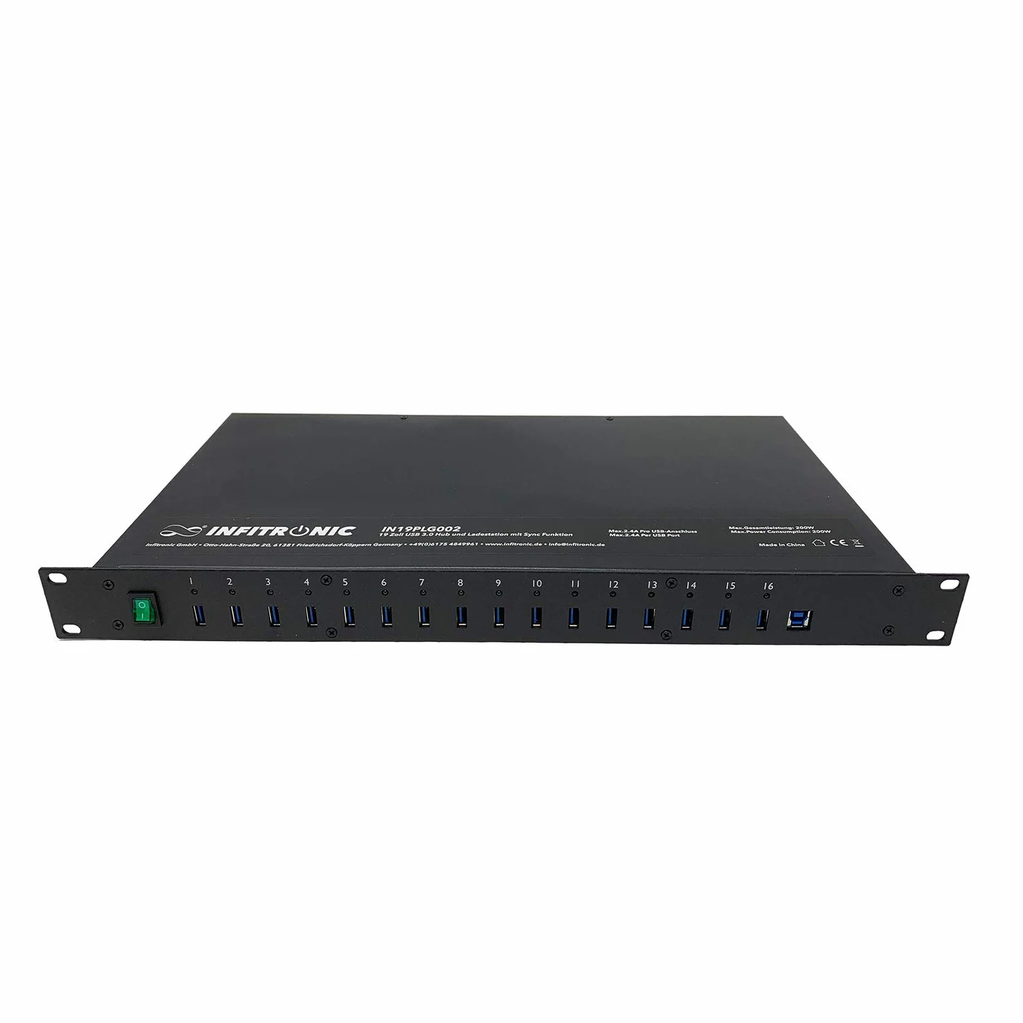 INFITRONIC - Porte USB 3.0 Hub16 USB IN19PLG002-19" con stazione di ricarica e sincronizzazione (1U Rack)