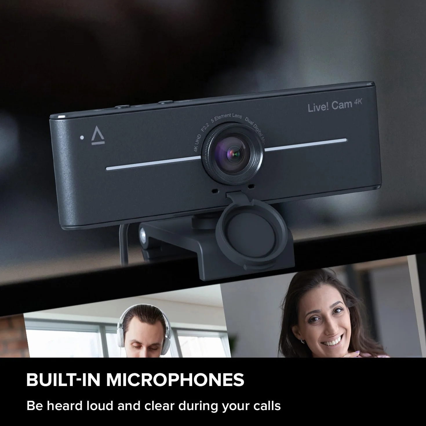 CREATIVE Live! Cam 4K UHD Webcam USB con Compensazione della Retroilluminazione, fino a 60 FPS, Lente Grandangolare da 95°, Lente per la Privacy, Microfoni Integrati, Plug & Play per PC e Mac
