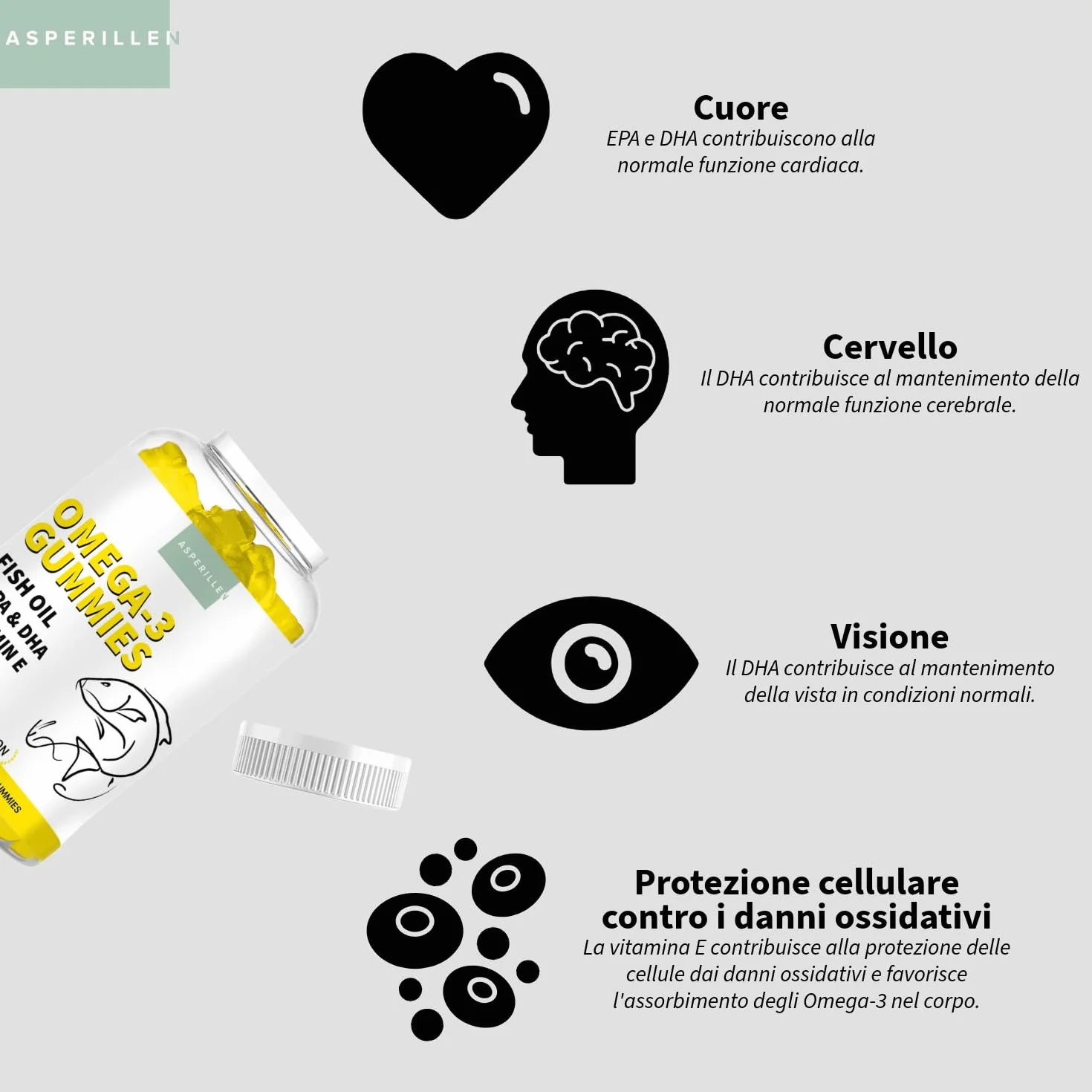 Omega 3 Gummies Olio di Pesce con Vitamina E - Alto Dosaggio EPA 400mg DHA 200mg - 60 Unità Gusto Limone