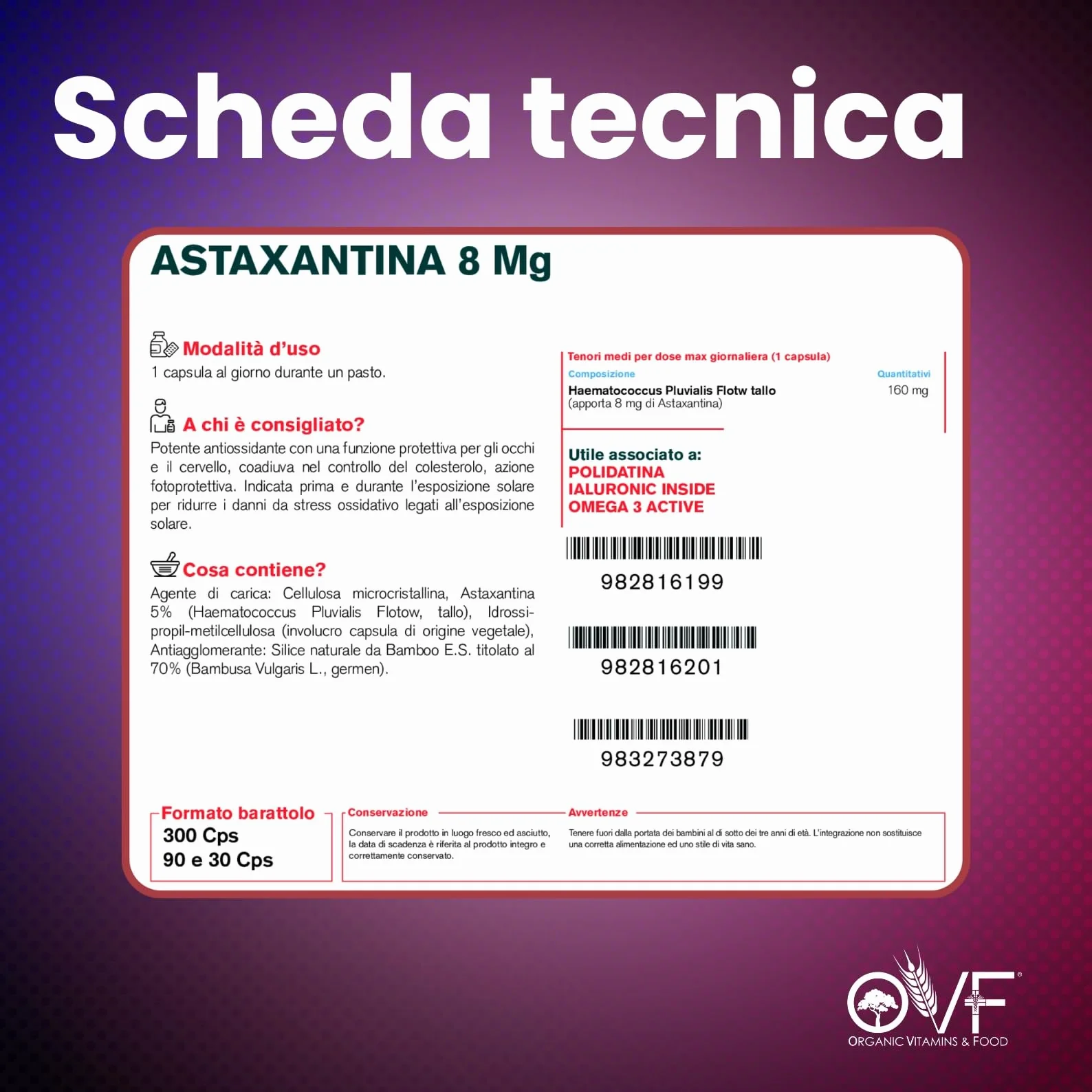OVF Astaxantina Naturale 8mg per Capsula 90 capsule Antiossidante Haematococcus Pluvialis
