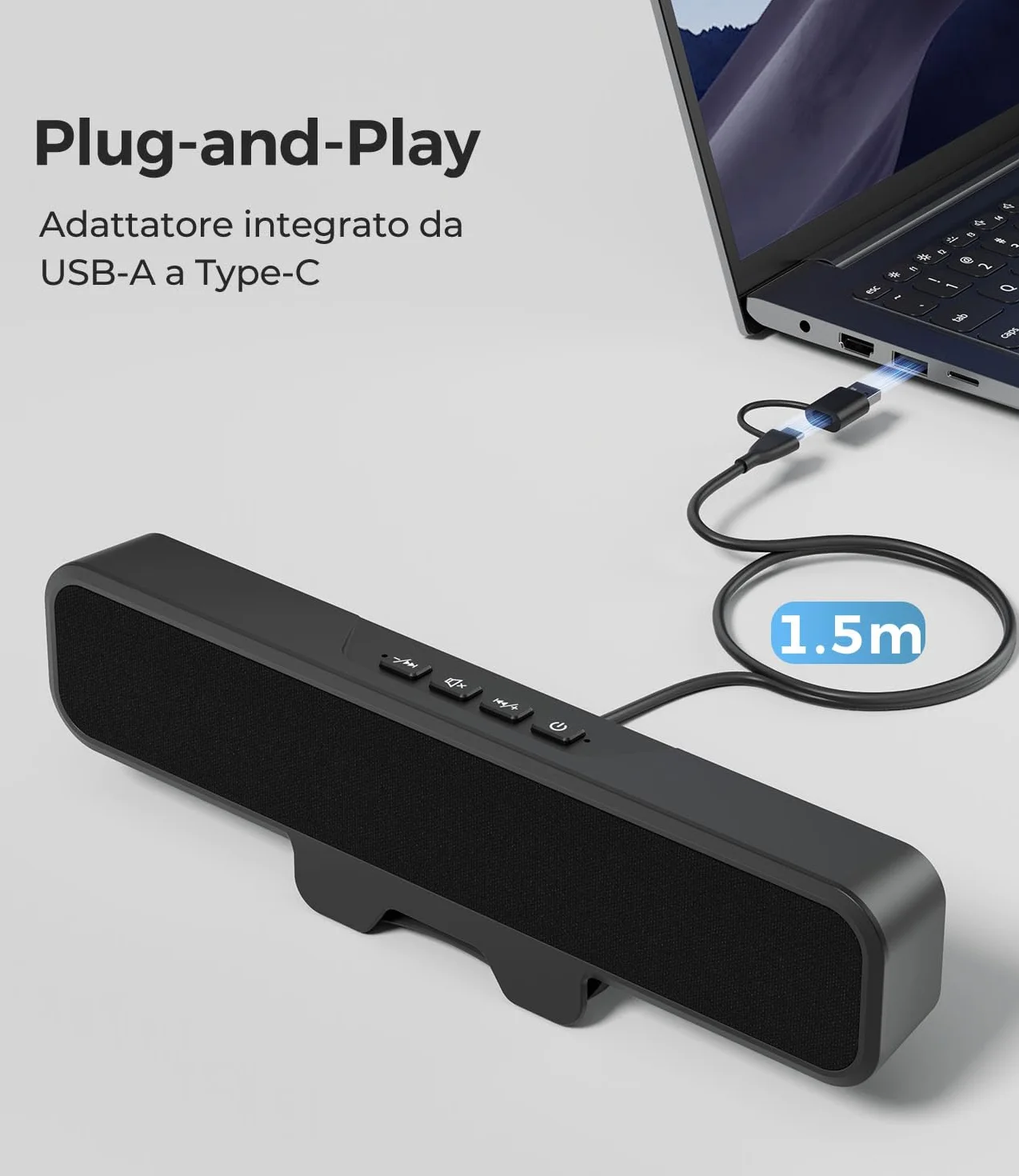 Sound Bar Stereo per Computer Desktop, Bassi Profondi, Type-C & USB-A