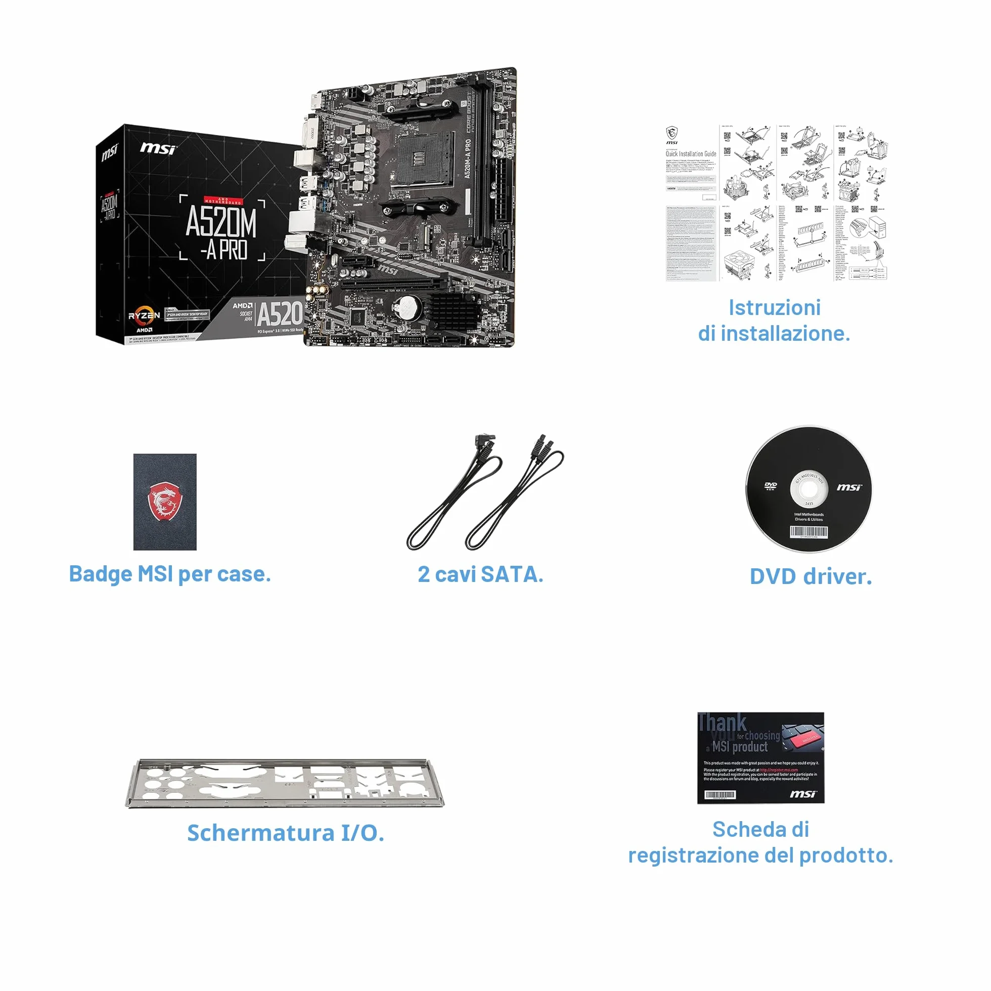 MSI A520M-A PRO Scheda Madre mATX - Supporta AMD Ryzen 3rd Gen Processors, AM4, DDR4 Boost (4600MHz/OC), 1 x PCIe 3.0 x1, 1 x M.2 Gen3 x4, Gigabit LAN