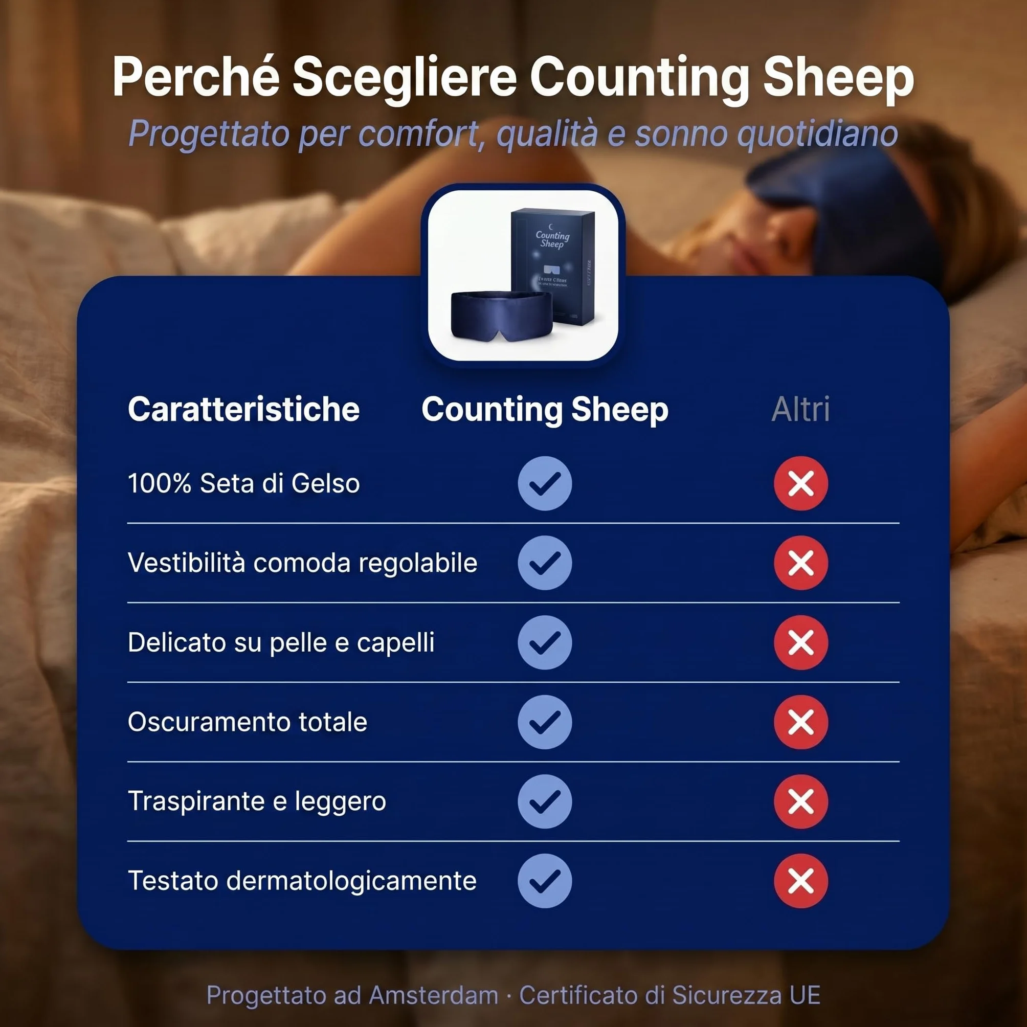 Mascherina in Seta per Dormire Donna Uomo Counting Sheep Seta di Gelso Morbida 100% Oscurante Leggera Regolabile Ipoallergenica