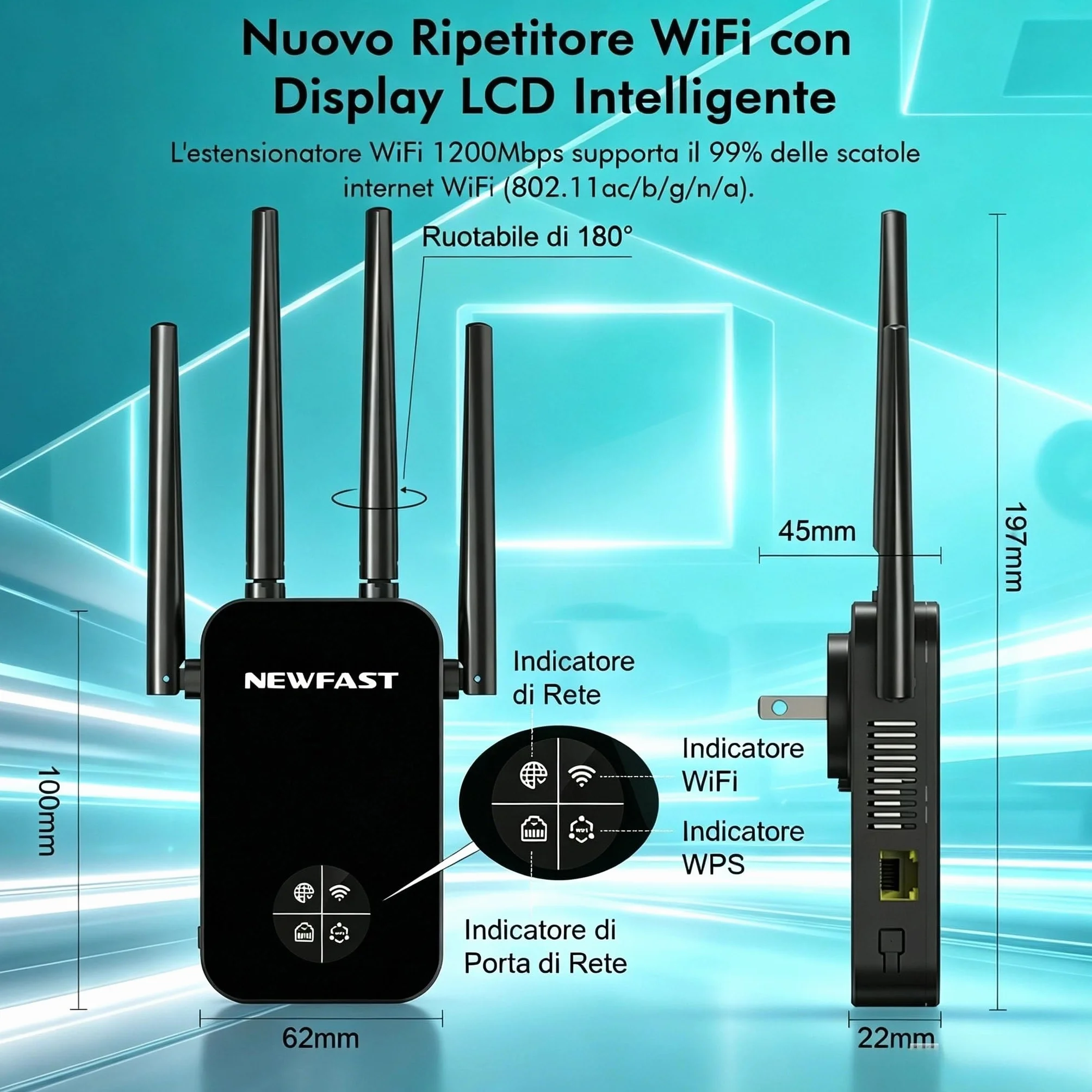 NEWFAST Ripetitore WiFi Potente per Casa, 1200Mbps WiFi Extender Dual Band 2.4GHz/5GHz con 4 Antenne ad Alto Guadagno, Porta Ethernet, WPS, Display Intelligente, Amplificatore WiFi Supporta 3 Modalità