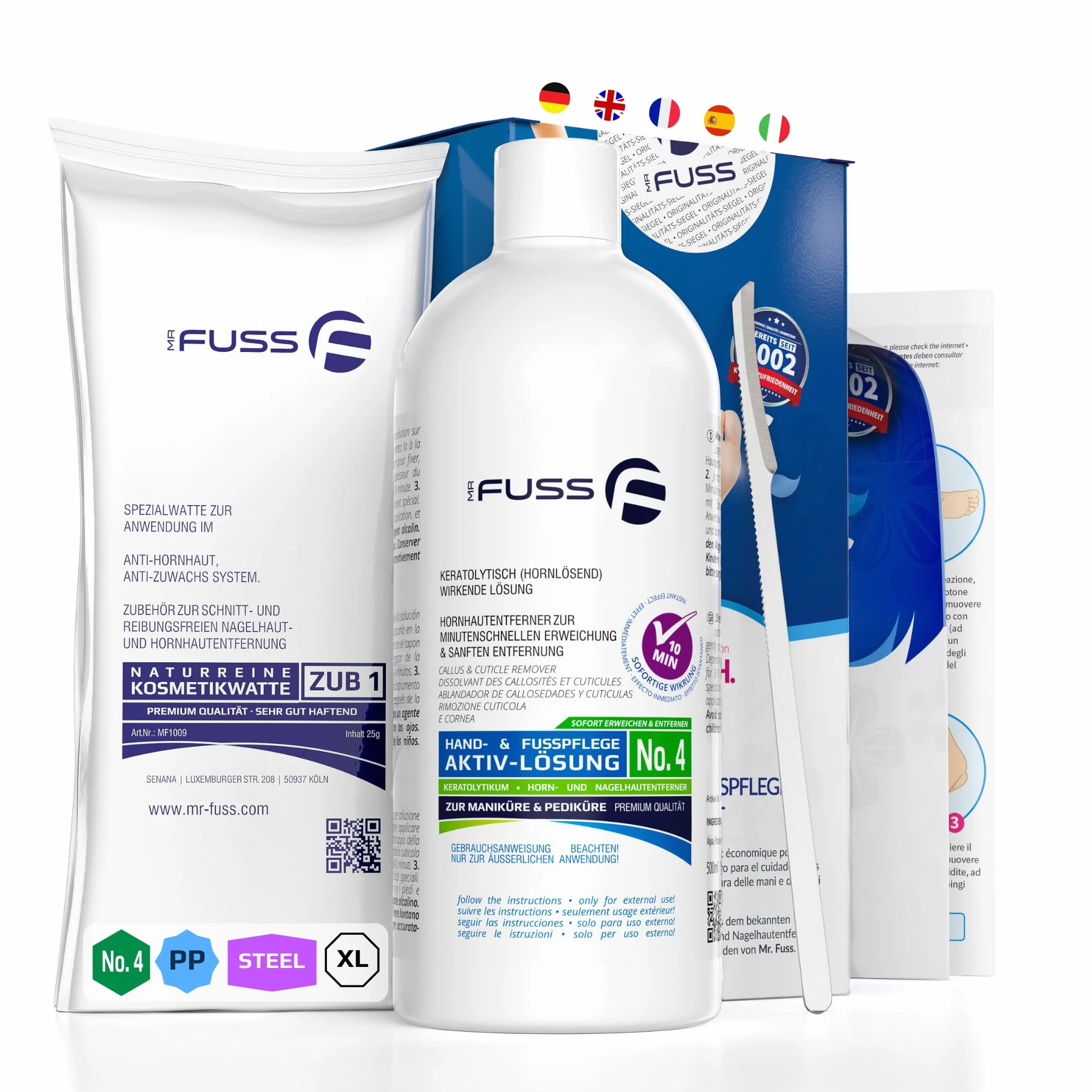 Mr. Fuss N. 4 Plus Pack Steel - Confezione da 3 pezzi 500 ml, per cuticole e calli, raschietto in acciaio inox