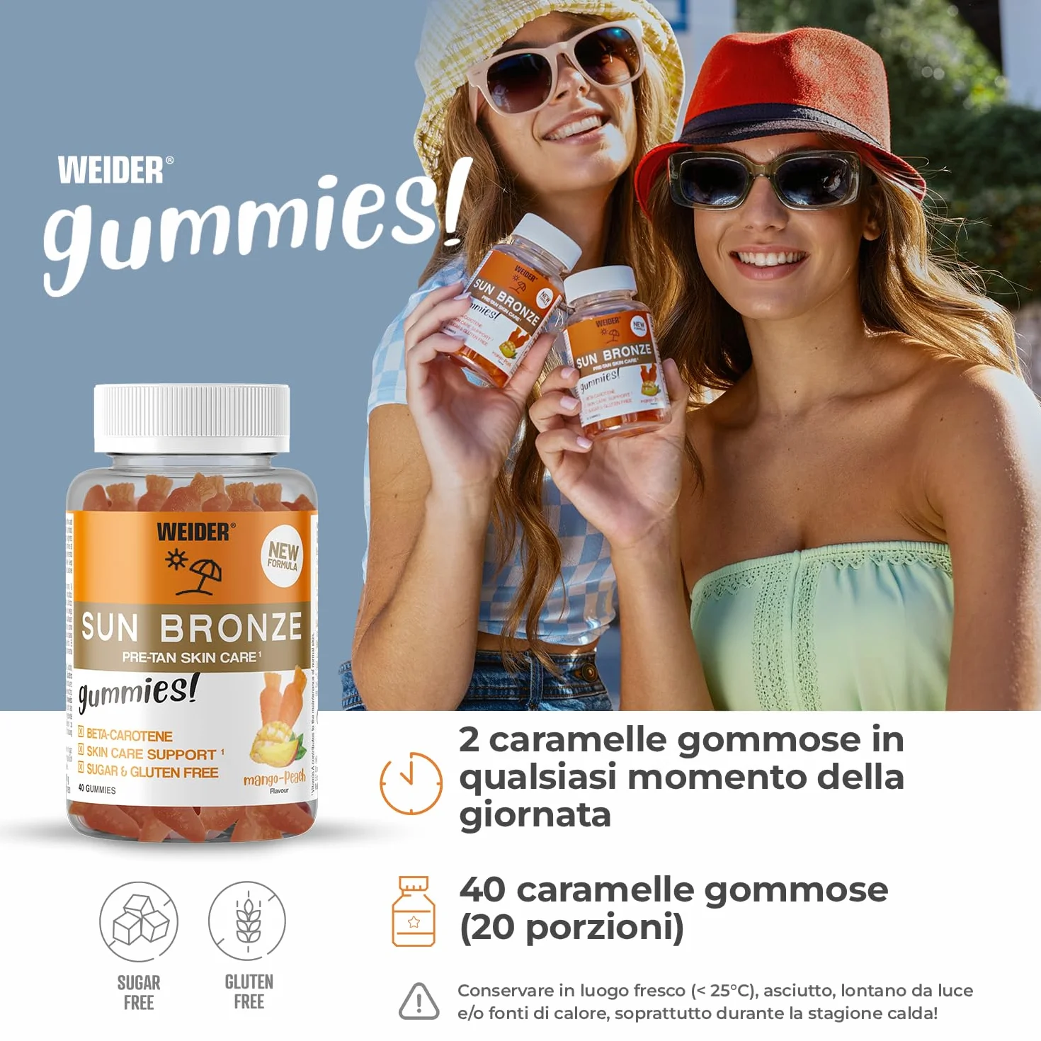 Weider Sun Bronze Gummies 40 caramelle gommose beta-carotene luteina zeaxantina abbronzatura protezione pelle senza zucchero