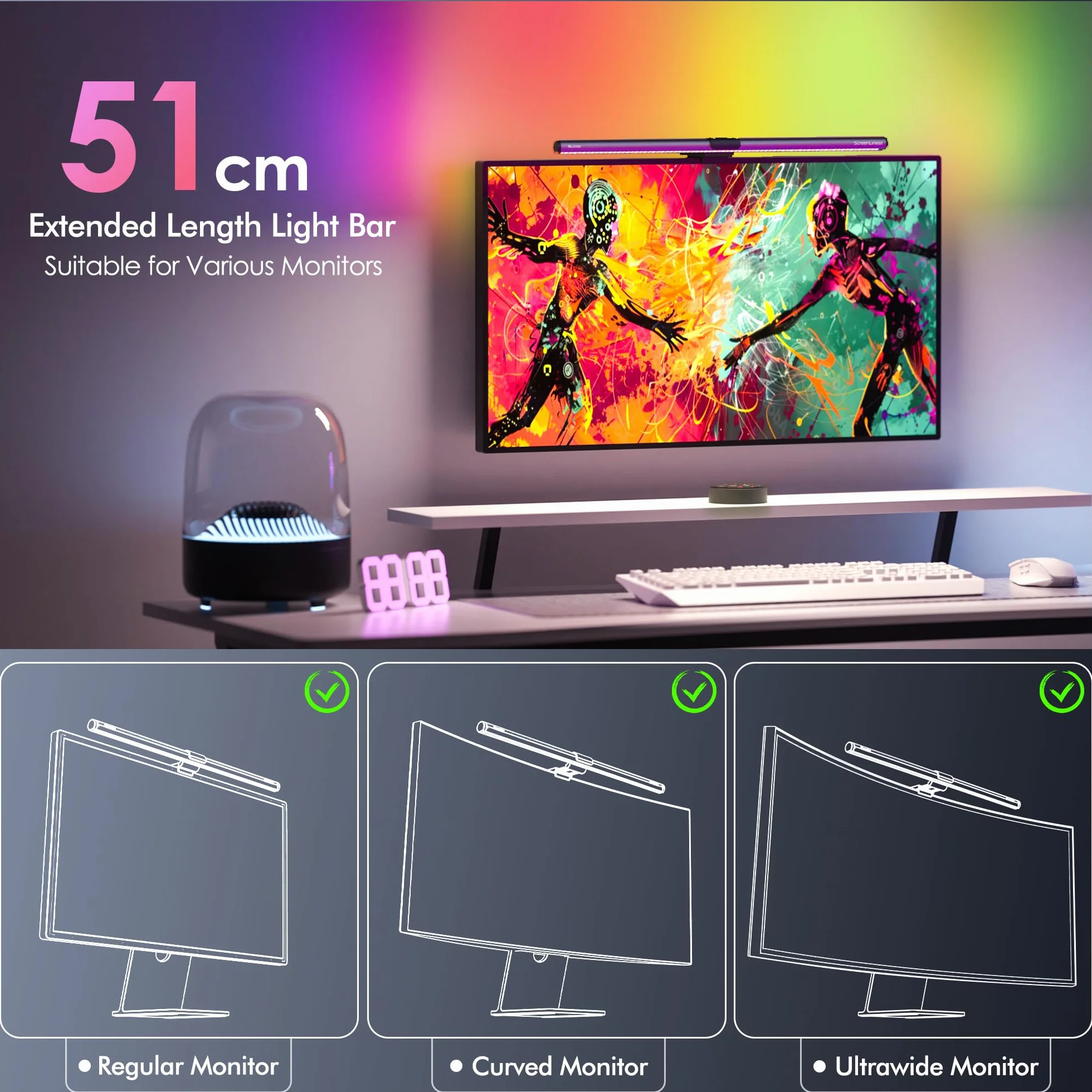 Quntis 51CM Lampade Monitor con Retroilluminazione RGB e Telecomando, 88+56 LEDs Luce Monitor, Barra Luminosa, Light Bar per PC, Accessori Gaming, Regalo Compleanno Uomo