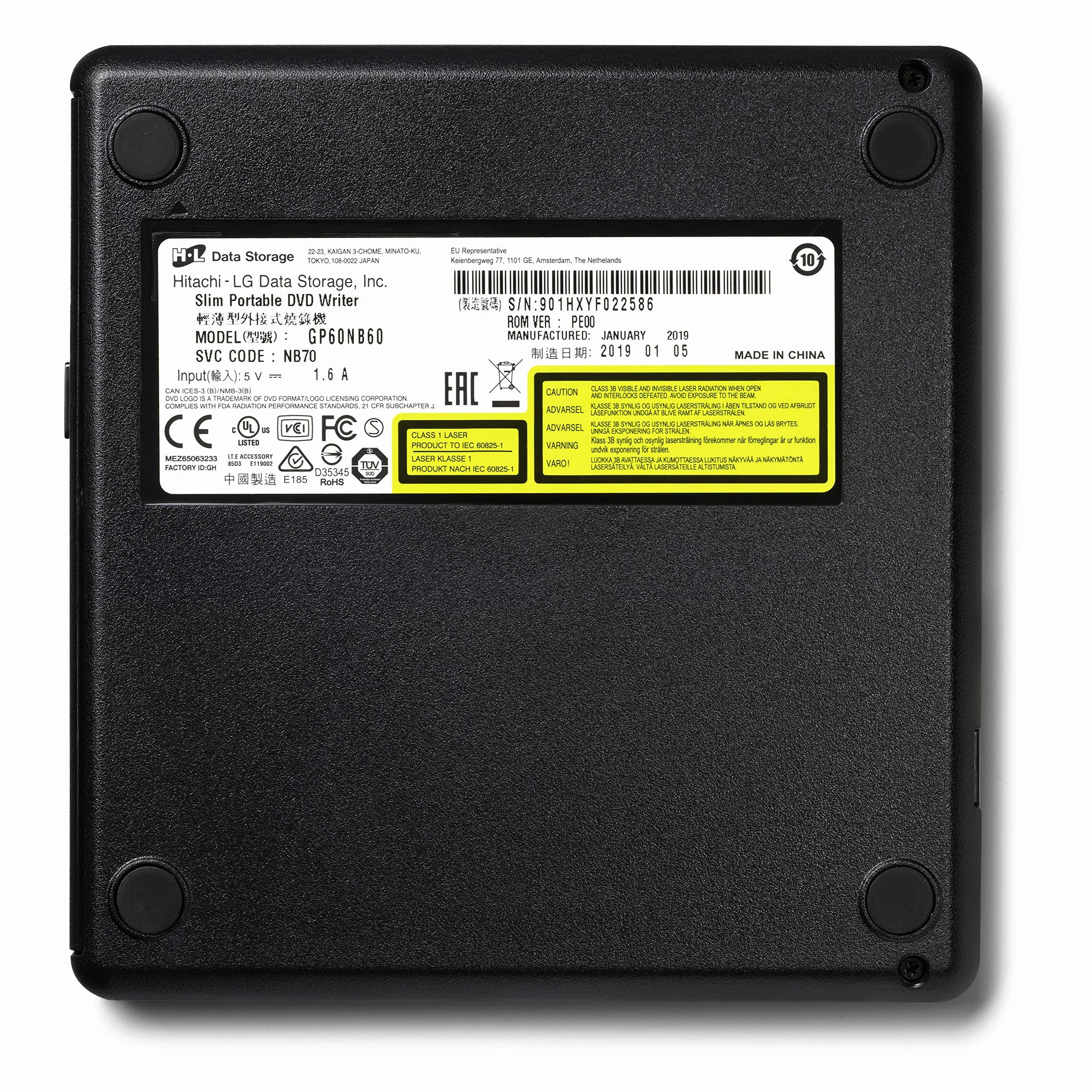 Hitachi-LG GP60 External DVD Drive, Slim Portable DVD Burner/Writer/Player for Laptop, Windows and Mac OS Compatible, USB 2.0, 8x Read/Write Speed - Black