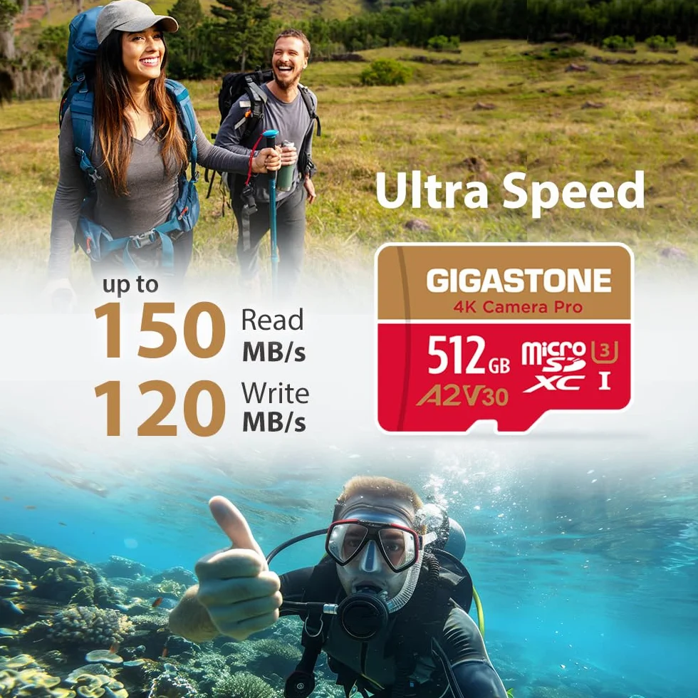 Gigastone [5 Anni Recupero Dati Gratuito] Scheda di Memoria 512 GB 4K Fotocamera Pro, Compatibile con GoPro Drone Switch, Velocità 100 MB/s. 4K Video, A2 U3 V30 Scheda Micro SDXC con adattatore SD.
