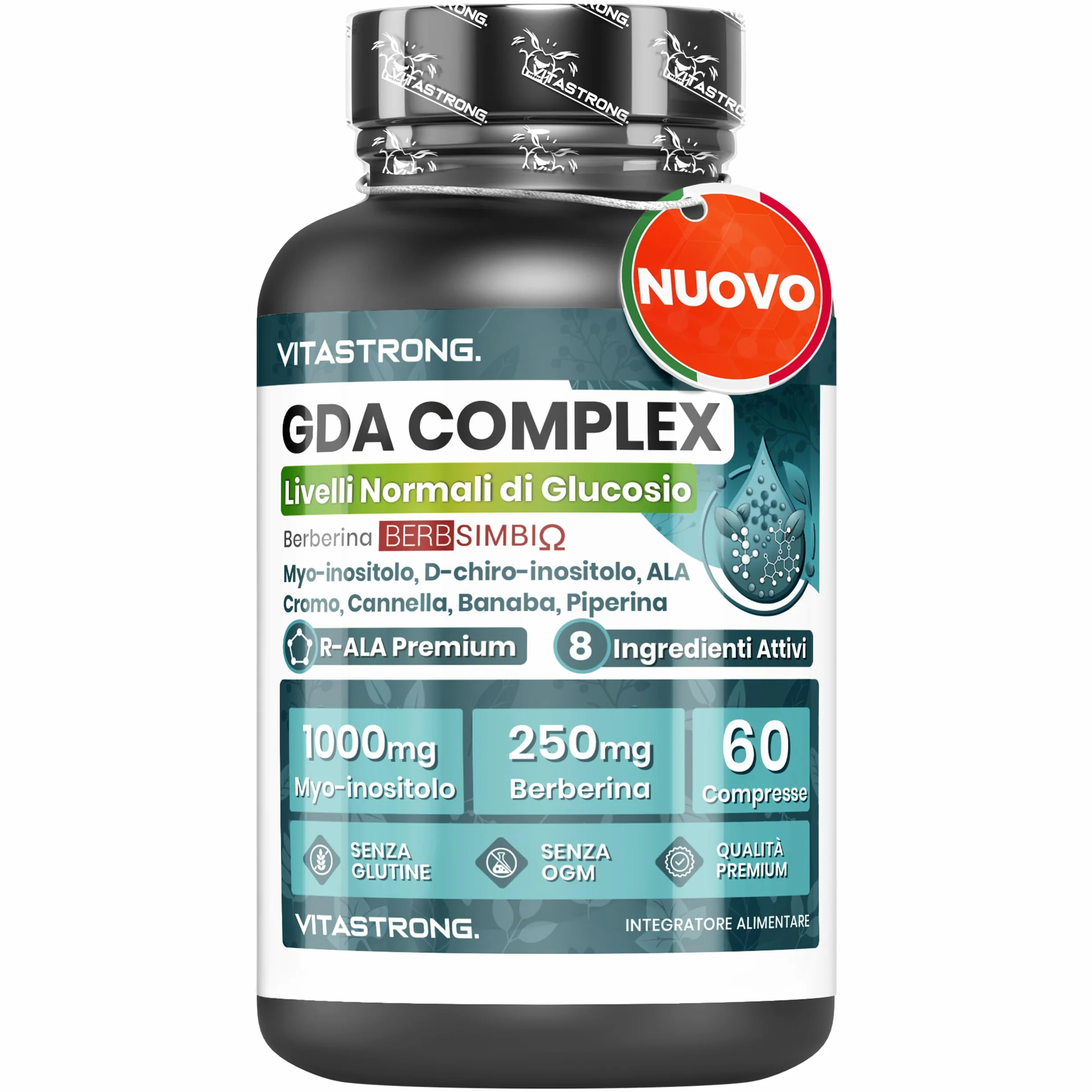 Vitastrong GDA Complex 100% Vegan Berberina 250mg Myo-Inositolo 1000mg Acido Alfa Lipoico Cromo