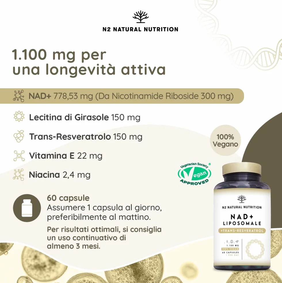 N2 Natural Nutrition NAD+ Trans Resveratrolo 1100 mg con Nicotinamide Riboside, Niacina e Vitamina E. Integratore Liposomal. 60 Capsule