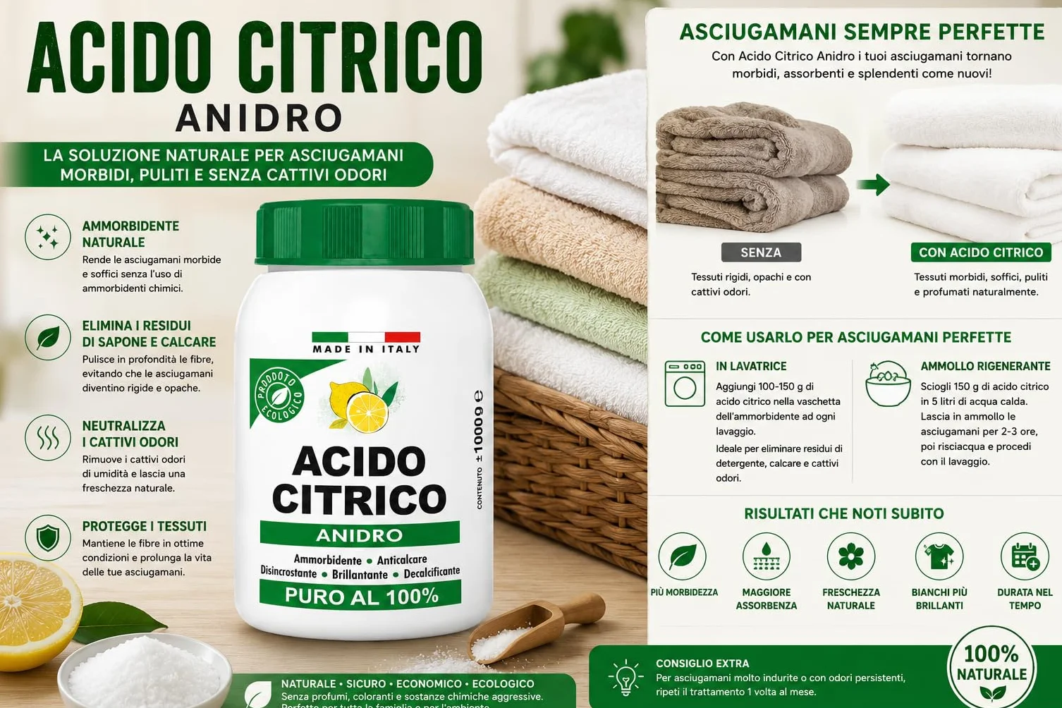 Acido Citrico Anidro 1 Kg Puro al 100% Anticalcare Naturale Made in Italy