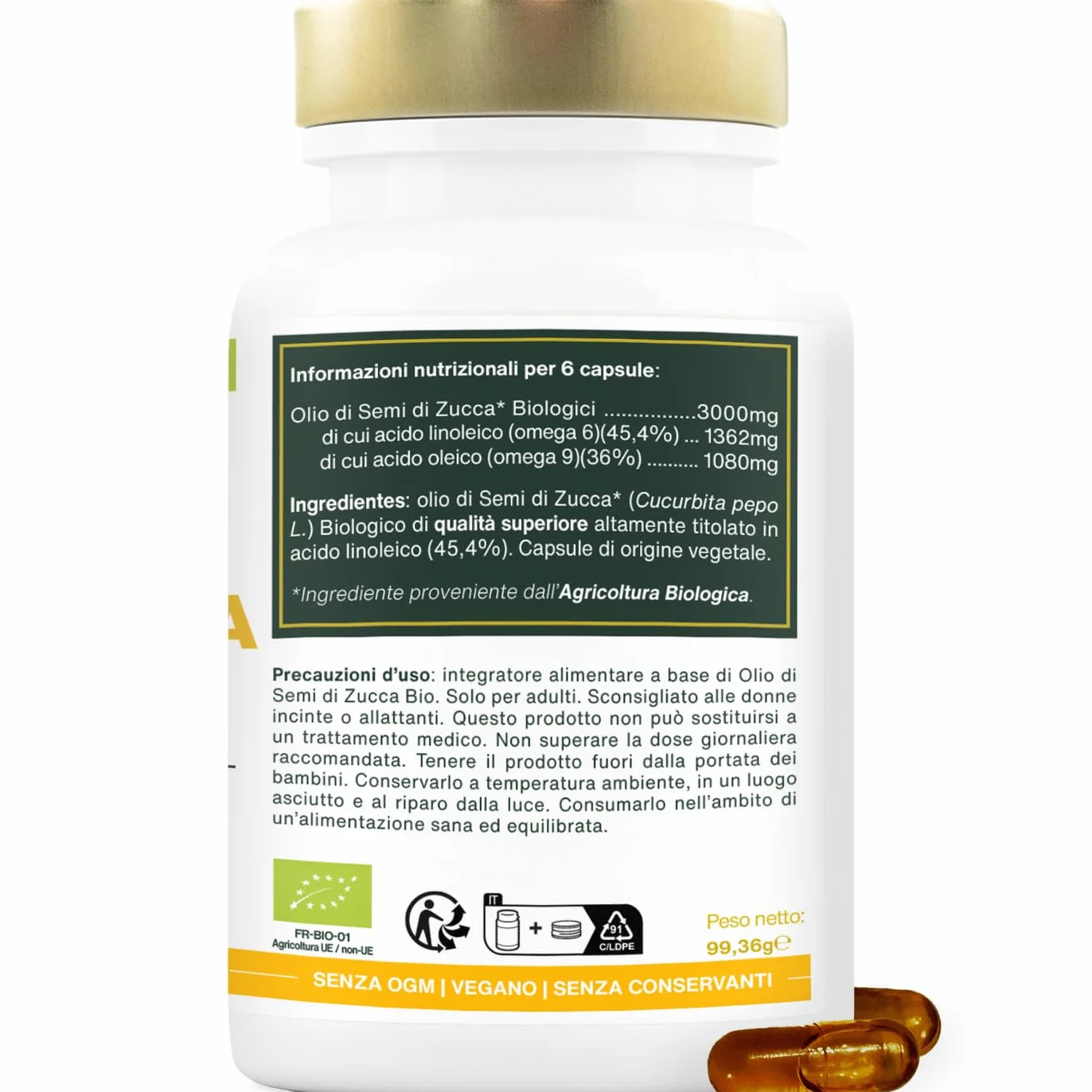 Olio di Semi di Zucca BIO 180 capsule vegetali vegan spremuto a freddo Prostata Salute urinaria