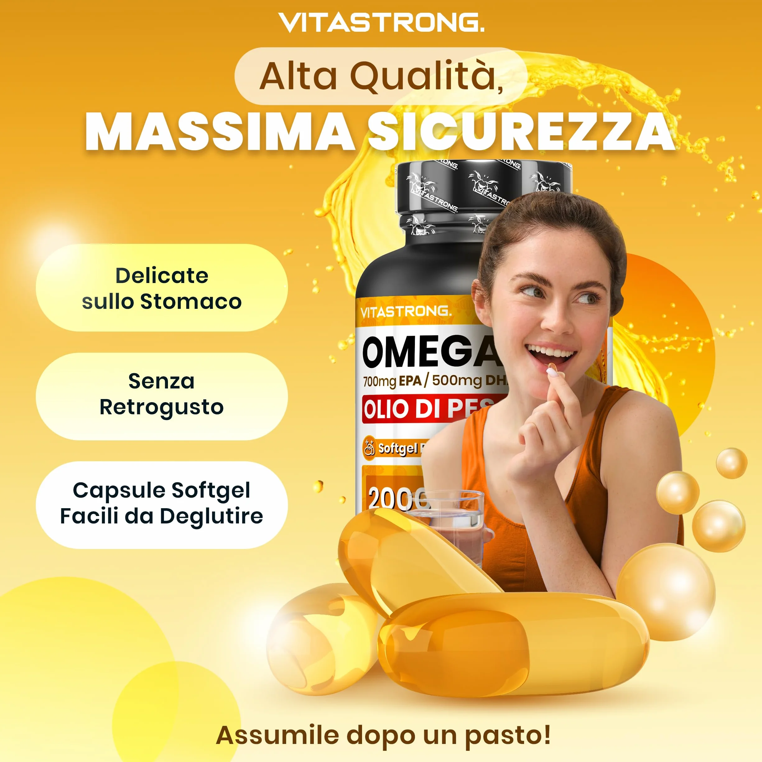 Omega 3 Olio di Pesce 2000mg EPA 500mg DHA Vitamina E Integratore Puro Cuore Vista Cervello