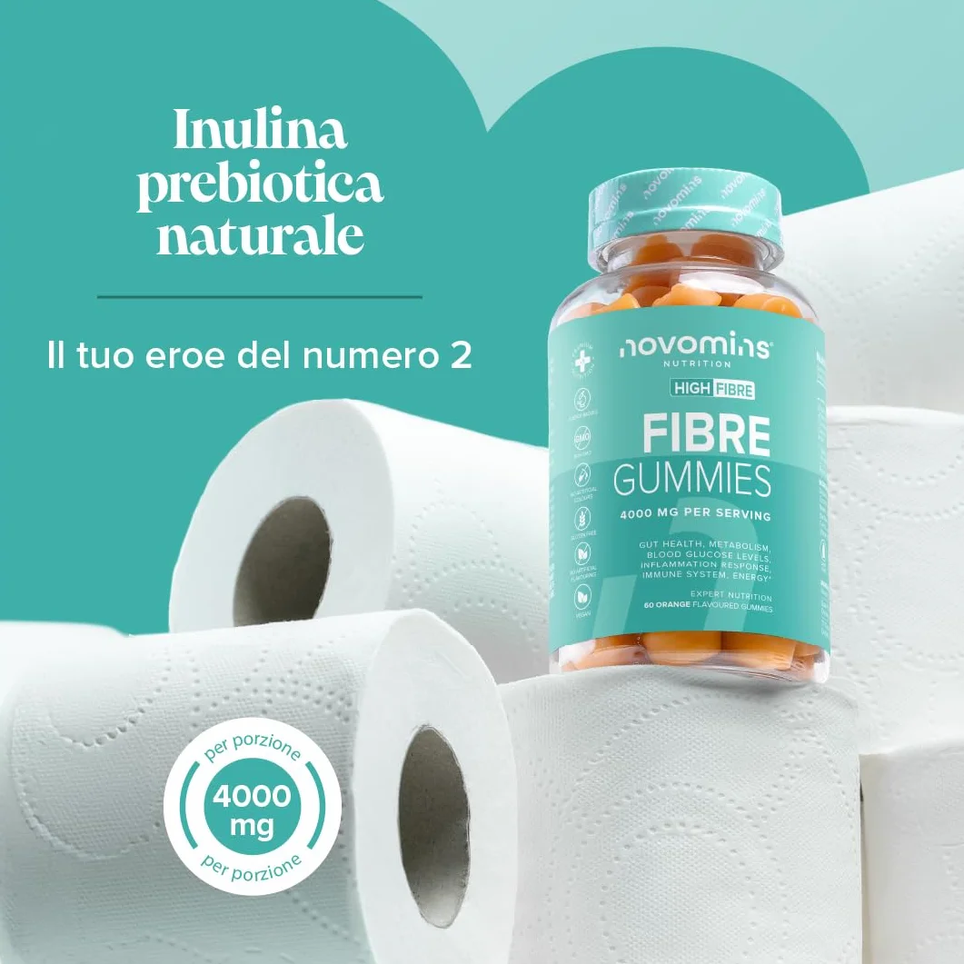 Novomins Fibre Gommose 4000 mg Inulina con Calcio, Cromo, Vitamina D e B12 - 60 Gommose Gusto Arancia
