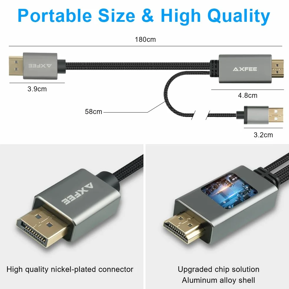 AXFEE Cavo HDMI a DisplayPort, 1.8 M Sorgente HDMI a Monitor DisplayPort Maschio, Compatibile con PC Scheda Grafica Laptop PS5 Xbox One(360), Supporta 4K@60Hz 2K@144Hz 1080P@165Hz