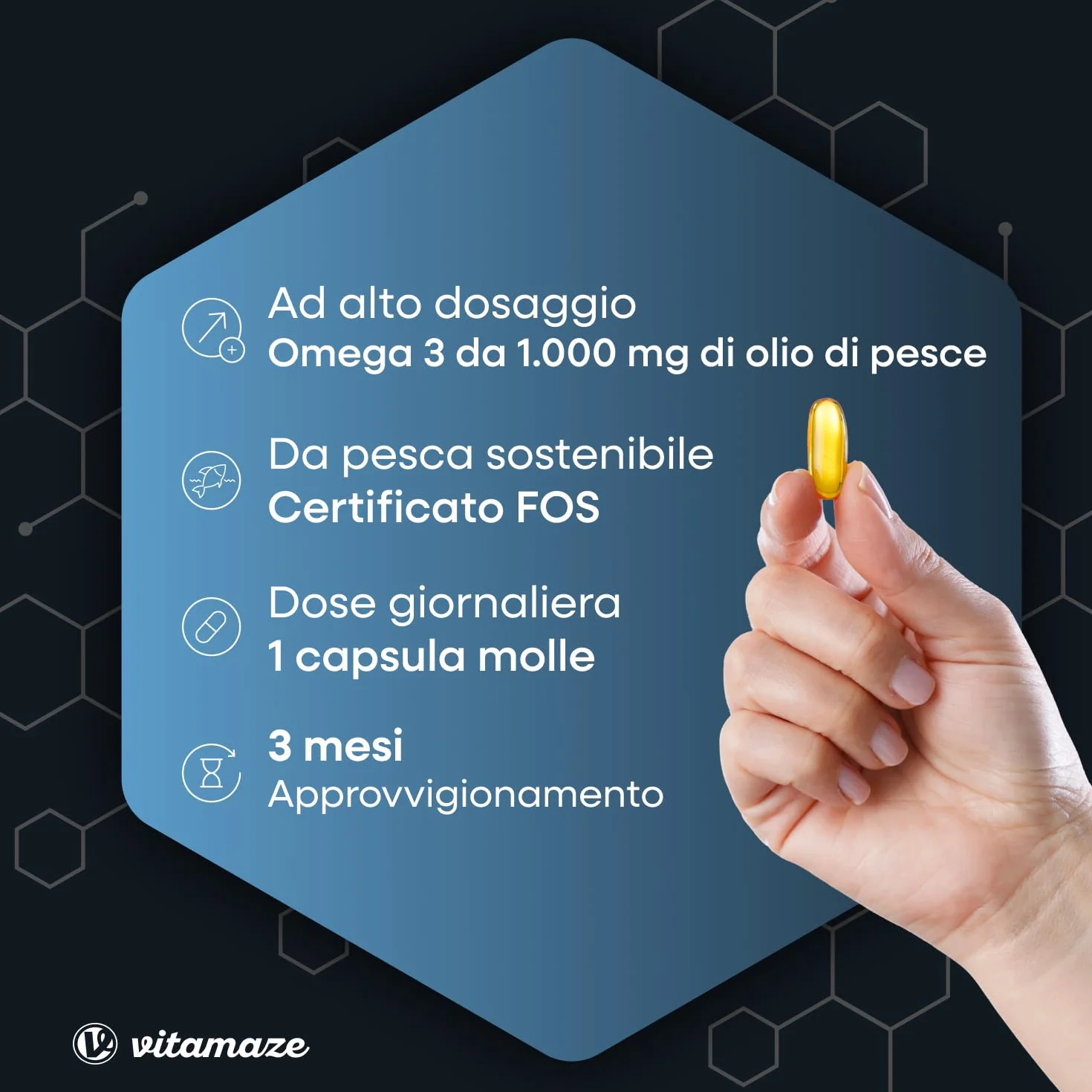Vitamaze Omega 3 1000mg per Capsula Alto Dosaggio Olio di Pesce EPA 400mg DHA 300mg FOS Certificato