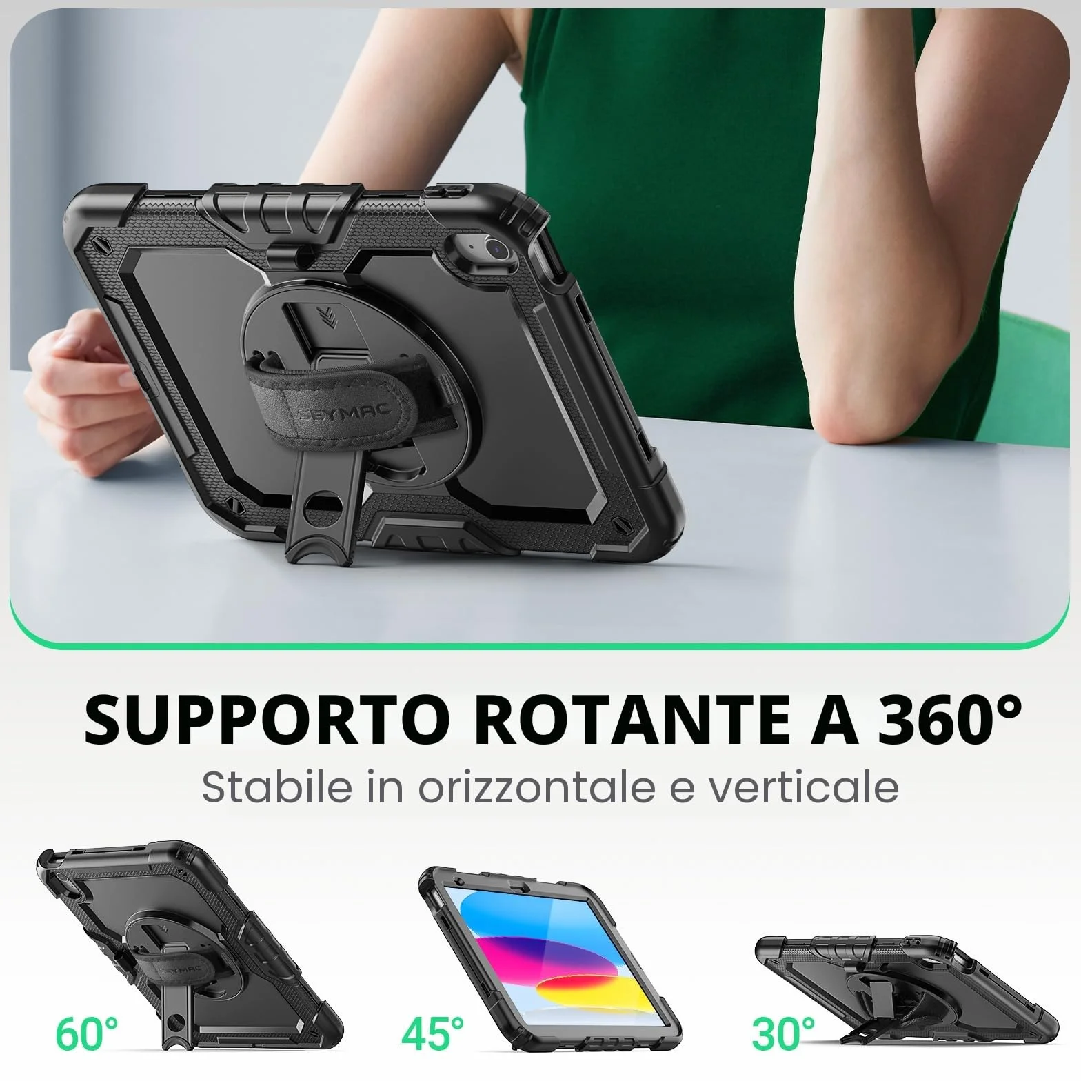SEYMAC Custodia per iPad A16 11a/10a Generazione 11/10.9 pollici 2025/2022 Resistente agli urti con Protezione Schermo Supporto Girevole 360° Portapenne Tracolla Nero
