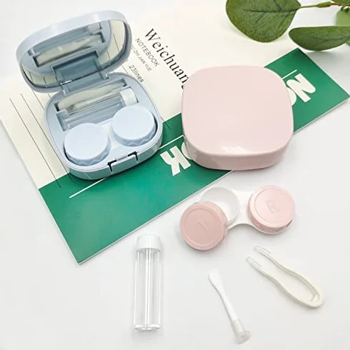 Pezzi Custodia Per Lenti a Contatto Con Specchio, Mini Porta Lenti a Contatto Da Viaggio, Plastica Blu Rosa