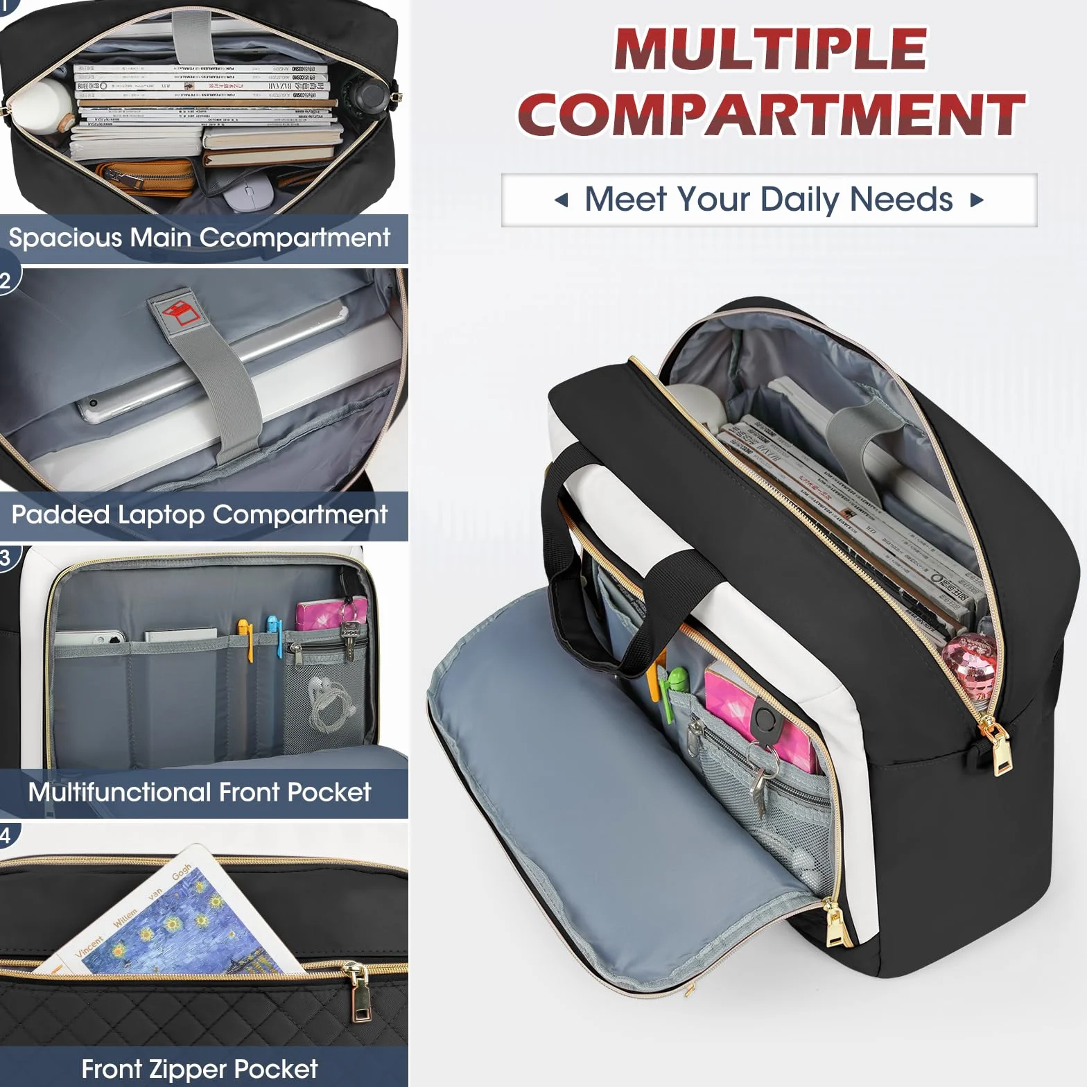 NEWHEY Borsa Porta PC 17.3 Pollici Borsa da Lavoro Donna Impermeabile Borsa Computer Grande Borsa Messenger Valigetta Portadocumenti Tracolla per Ufficio, Università, Scuola，Nero e beige