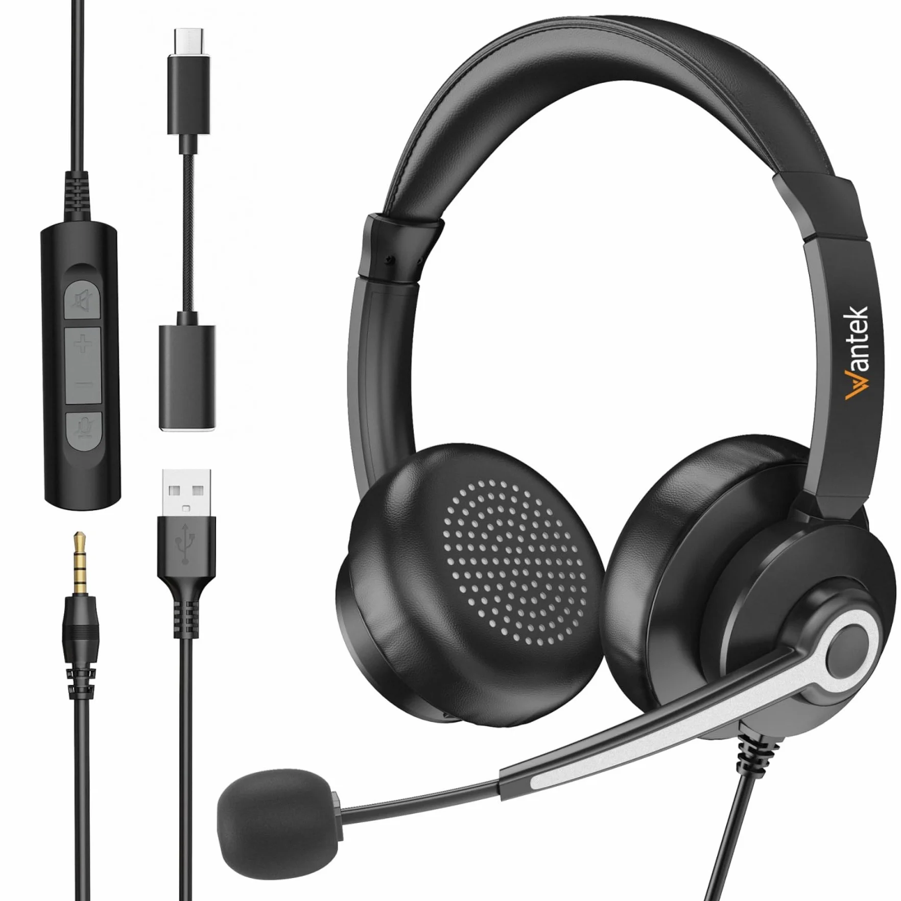 Wantek Cuffie USB con Microfono e Cancellazione Rumore,Cuffie con Filo PC 3 in 1 USB A/Tipo C/Jack 3,5mm,Controllo Volume,Ideali per Call Center,Skype,Zoom,Ufficio e Corsi Online