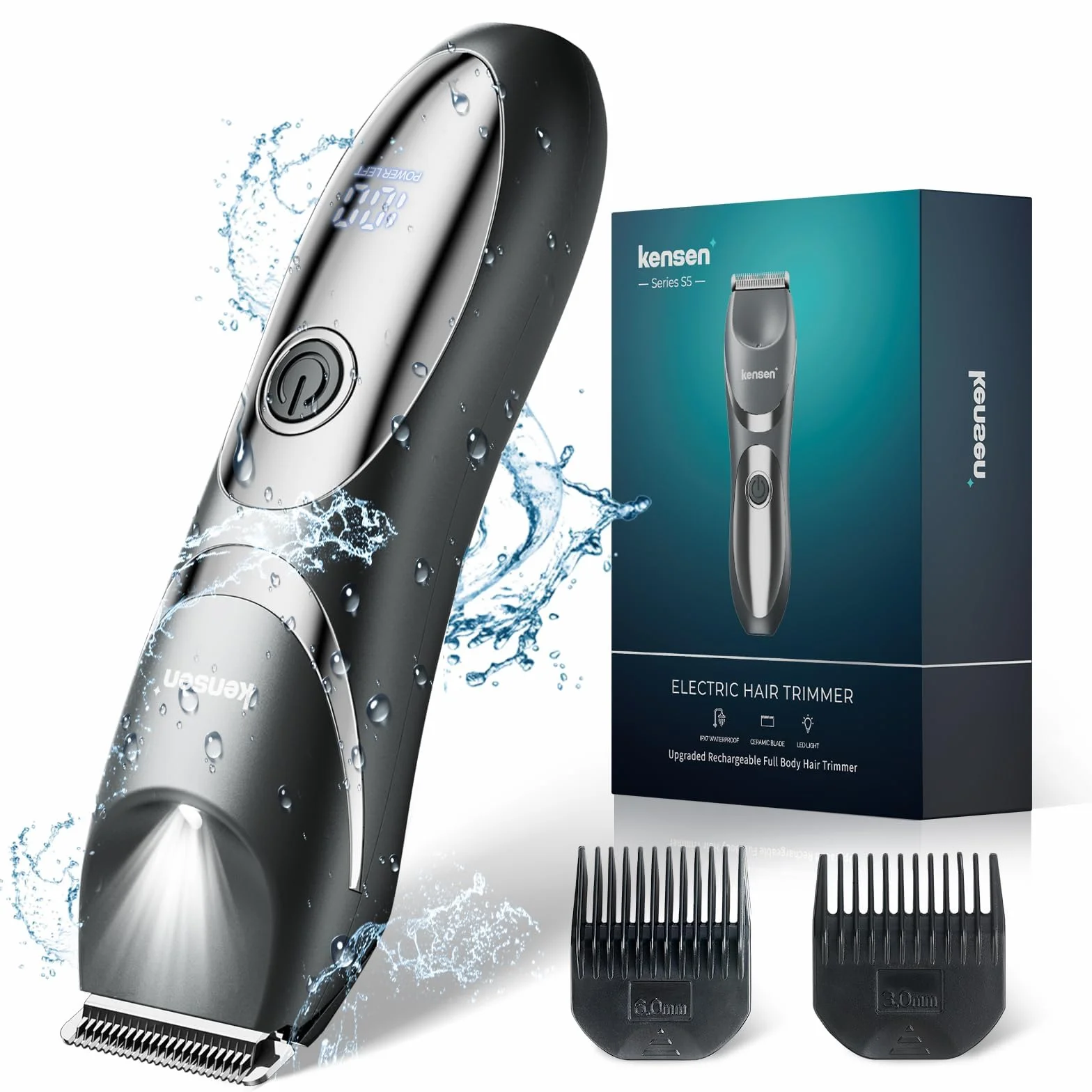 kensen Rasoio Elettrico Corpo Uomo IPX7 Impermeabile Wet & Dry con Pettine 3/6mm e Luce LED